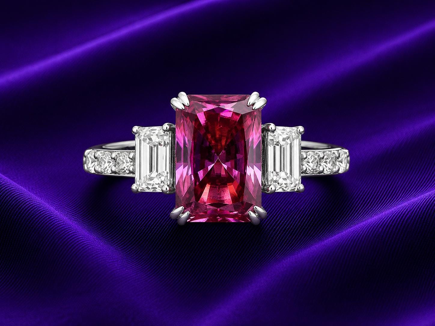Pink Emerald Cut Moissanite Three Stone Ring | 14K White Gold Engagement Ring