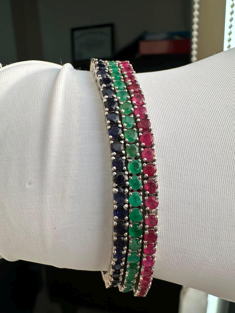 18 CT Ruby Emerald Sapphire Tennis Bracelet Stack | 14K White Gold, Gift for him