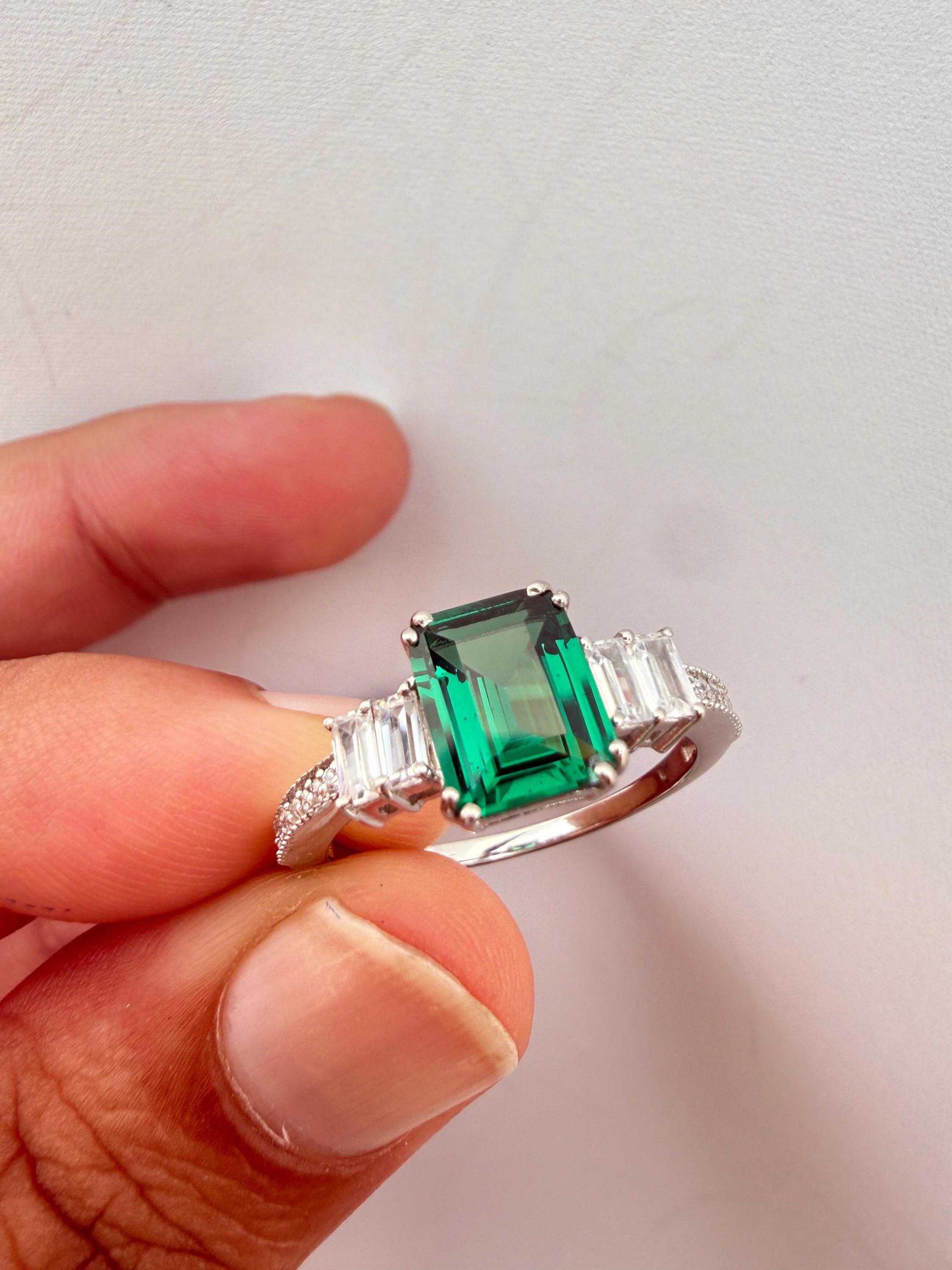 3 CT Emerald Engagement Ring | 14K White Gold Unique Statement Ring, Christmas Gift