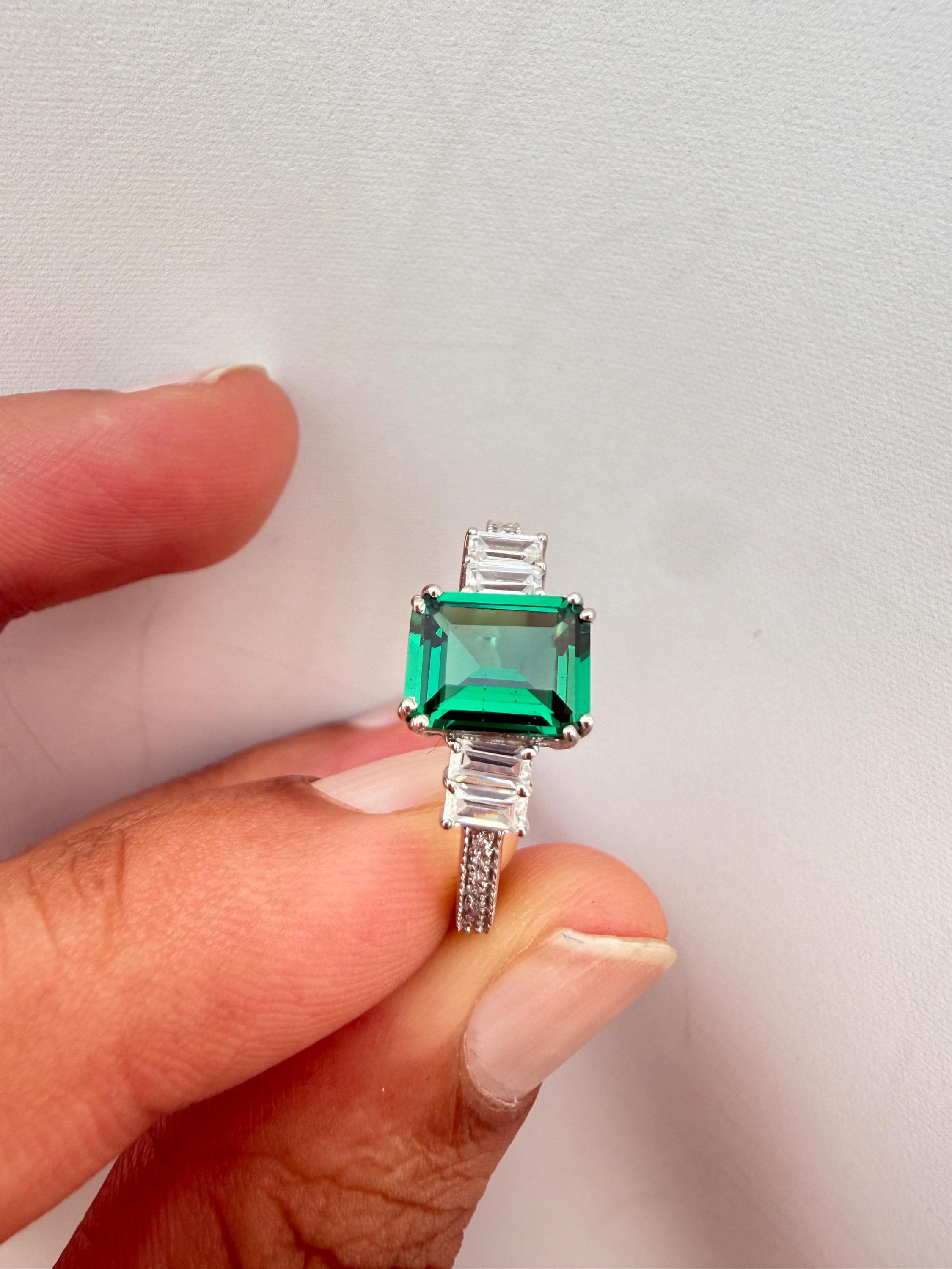 3 CT Emerald Engagement Ring | 14K White Gold Unique Statement Ring, Christmas Gift