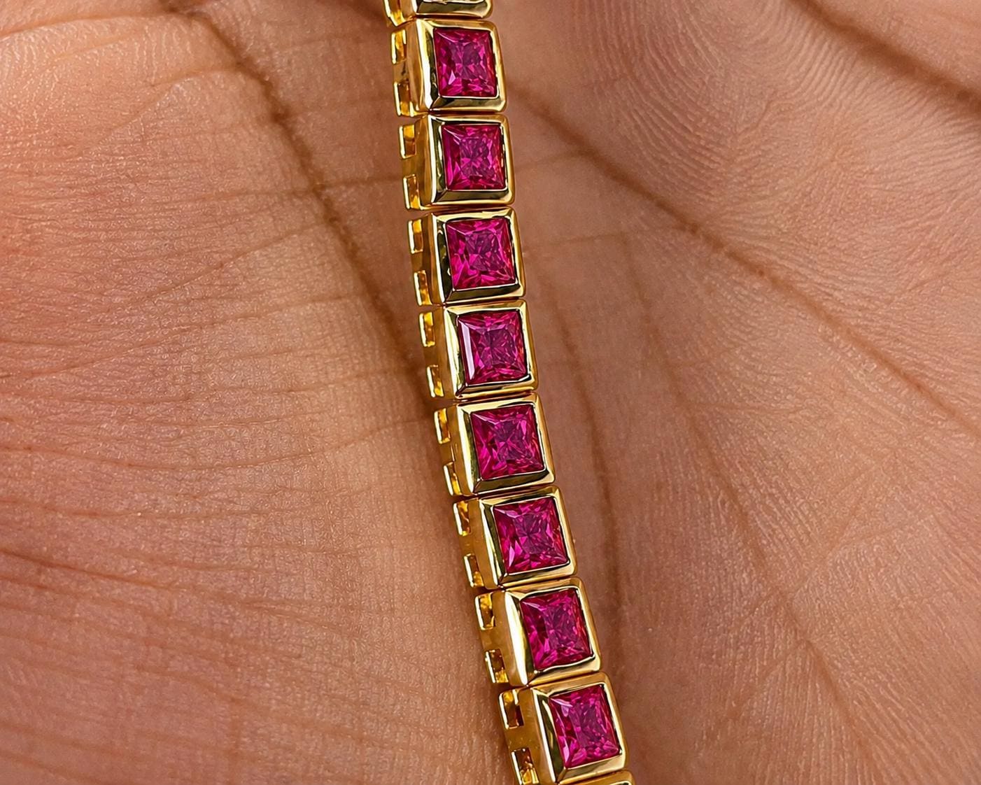 Princess Cut Ruby Tennis Bracelet, 14K Yellow Gold Plated Bezel Setting