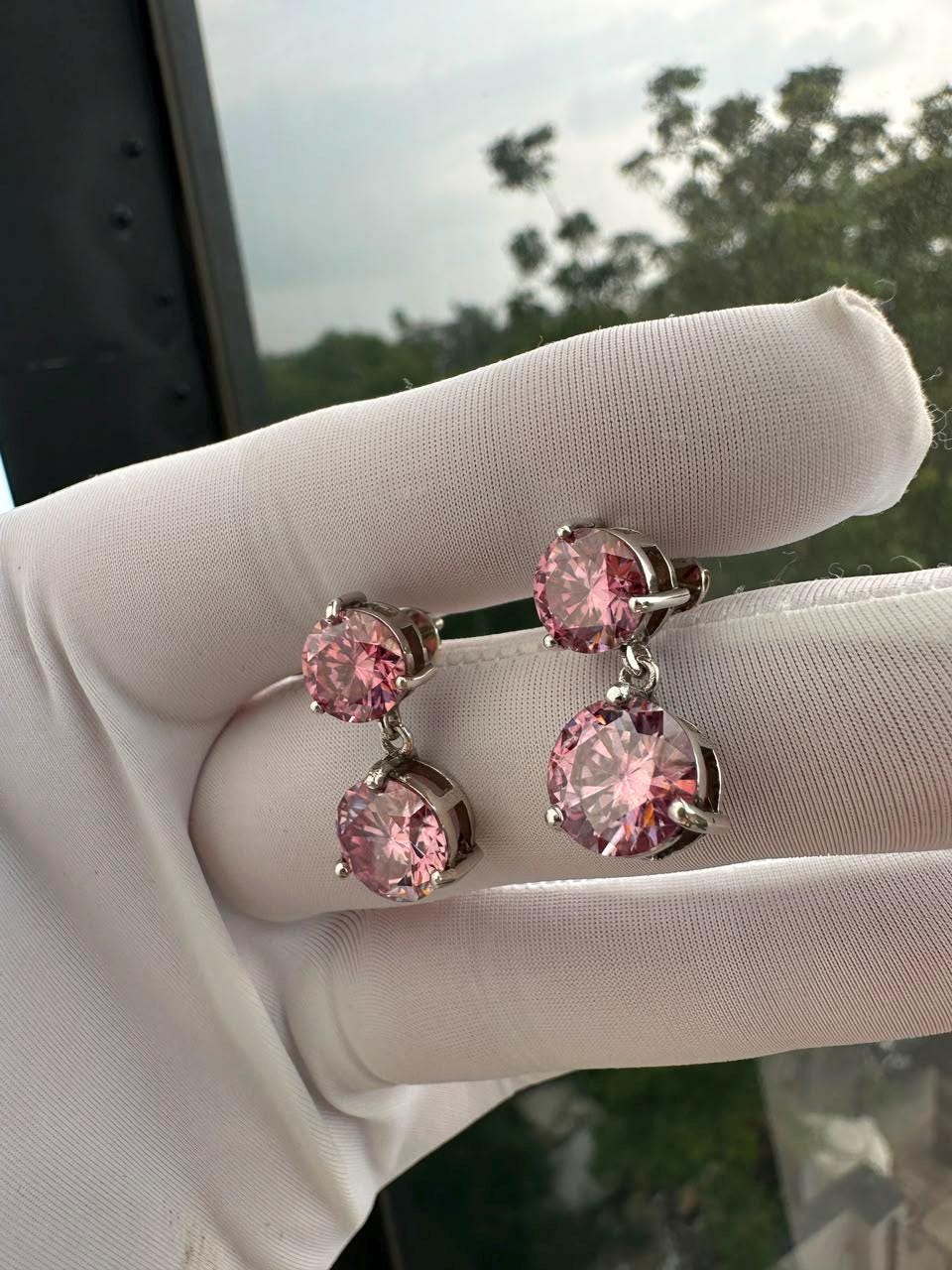 Pink Moissanite Stud Earrings | 14K White Gold, Christmas Gift for her