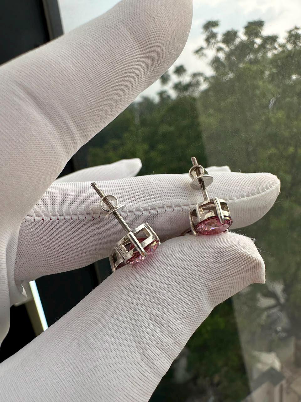 Pink Moissanite Stud Earrings | 14K White Gold, Christmas Gift for her
