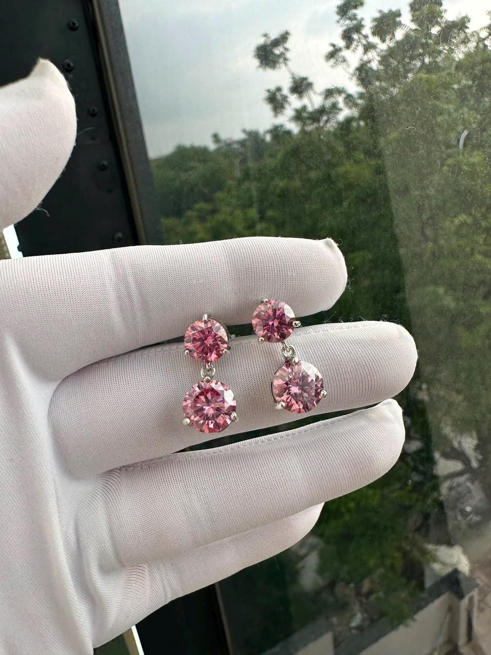 Pink Moissanite Stud Earrings | 14K White Gold, Christmas Gift for her