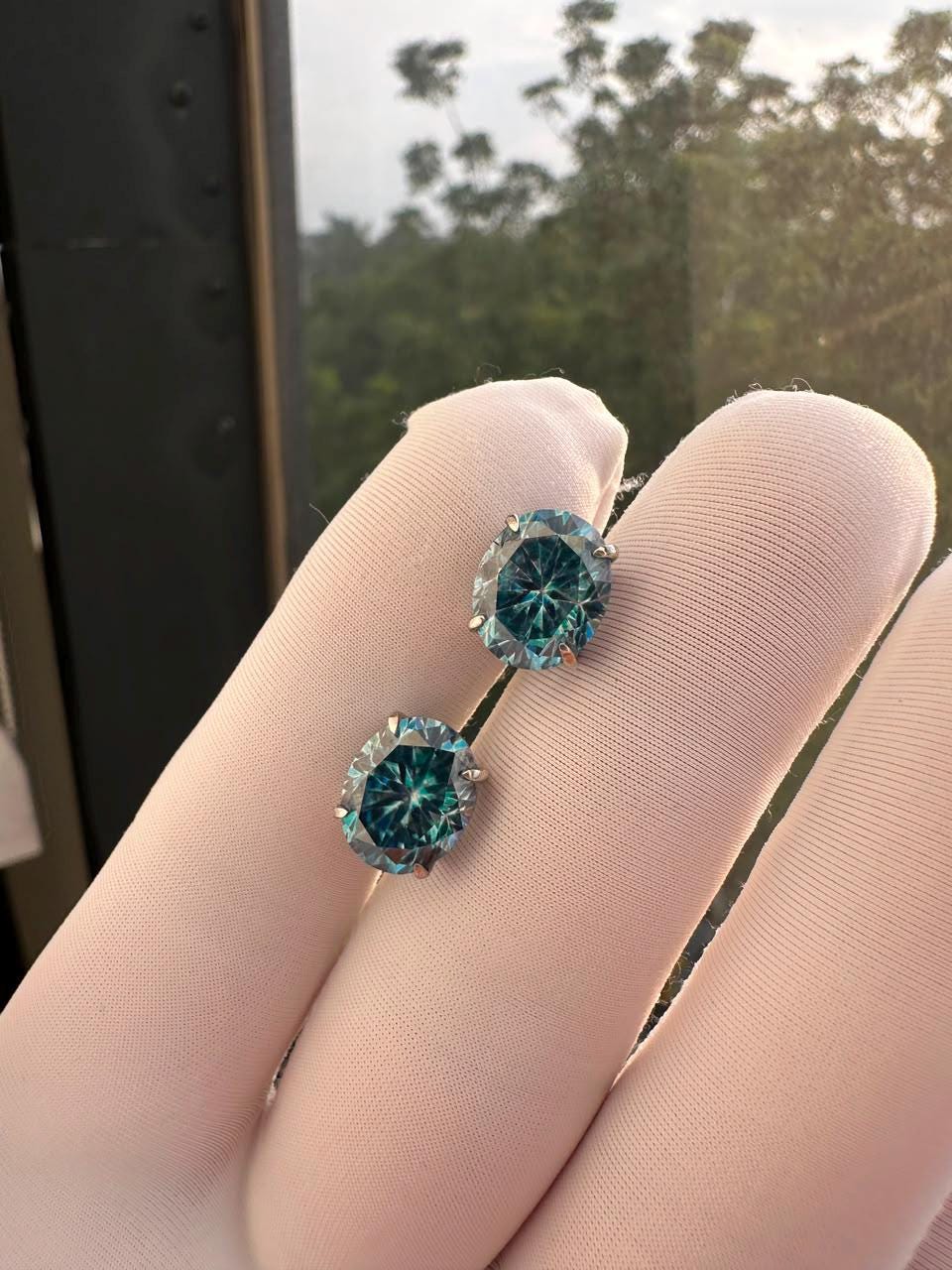 Ice Blue Alexandrite Moissanite Oval Stud Earrings | 14K White Gold, Gift for her