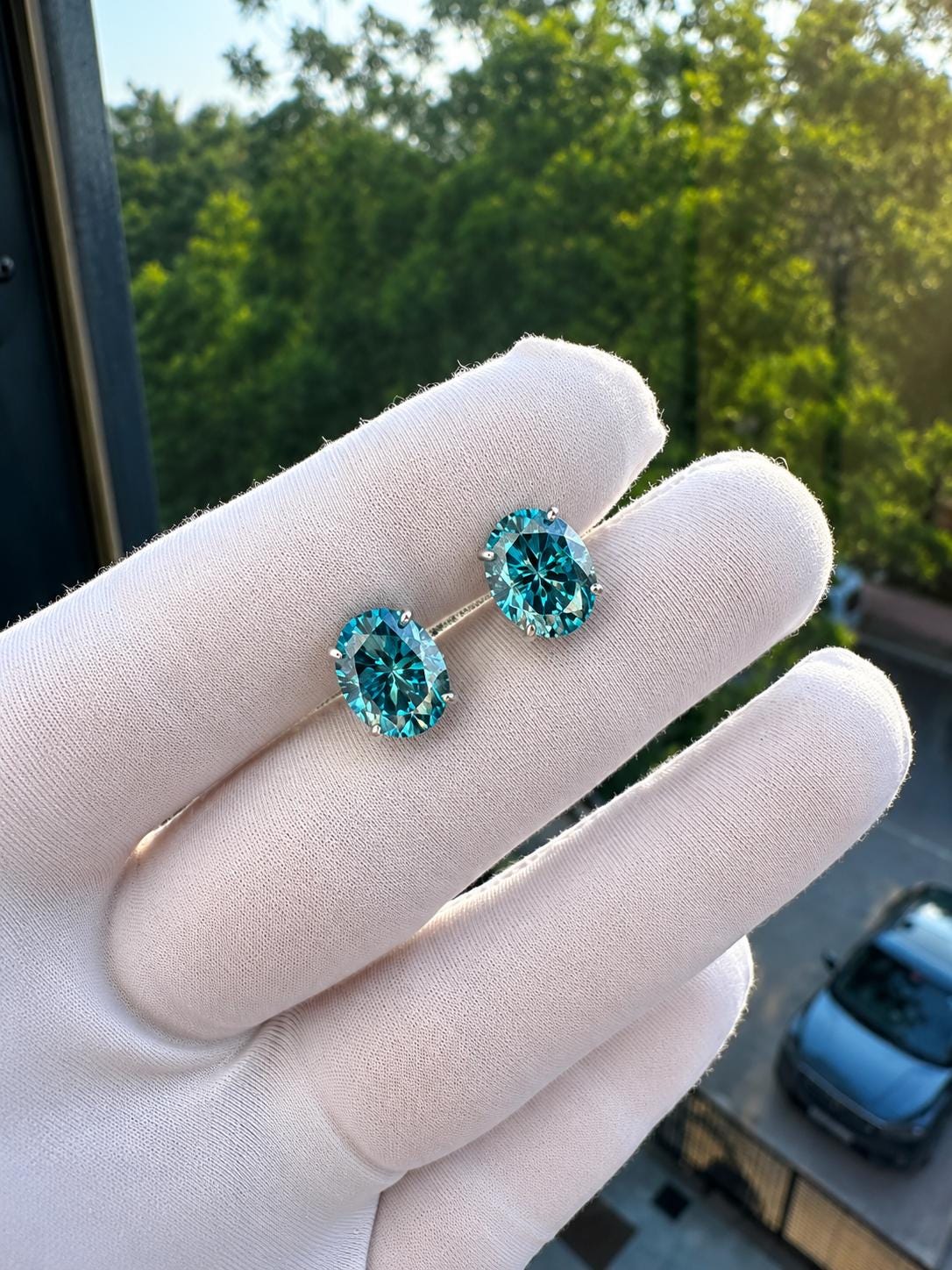 Ice Blue Alexandrite Moissanite Oval Stud Earrings | 14K White Gold, Gift for her