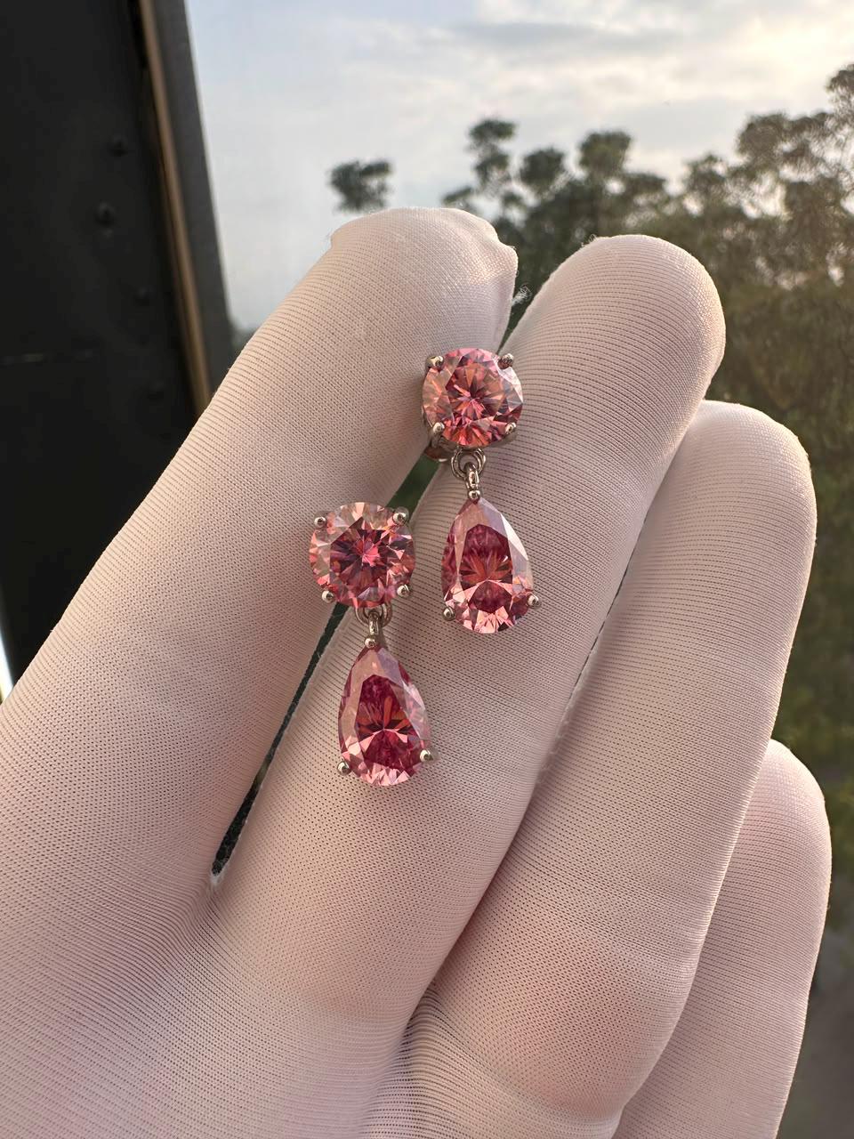 Pink Moissanite Drop Earrings | 14K White Gold Studs | Christmas Gift for Her