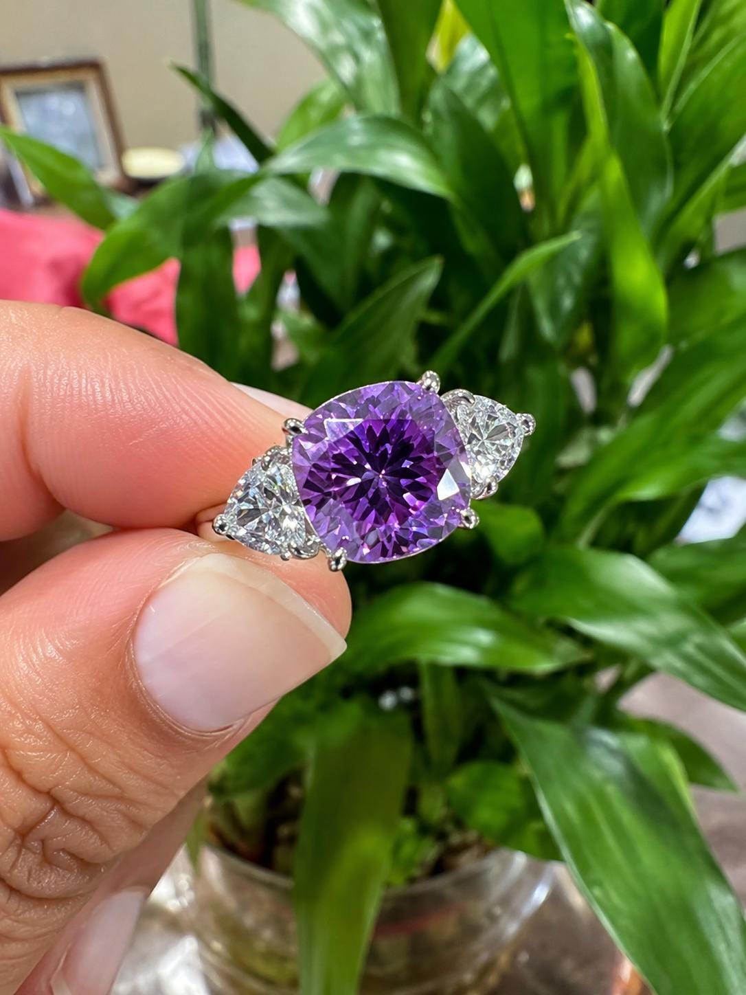 14k Gold Purple Moissanite Engagement Ring | 7 Ct Cushion Cut Statement Wedding Ring