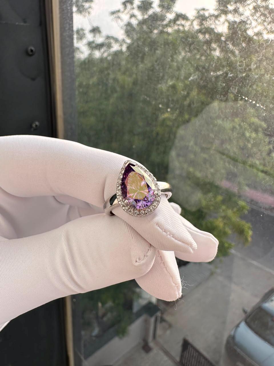 Purple Pear Cut Moissanite Engagement Ring | 14K White Gold Halo Ring | Christmas Gift