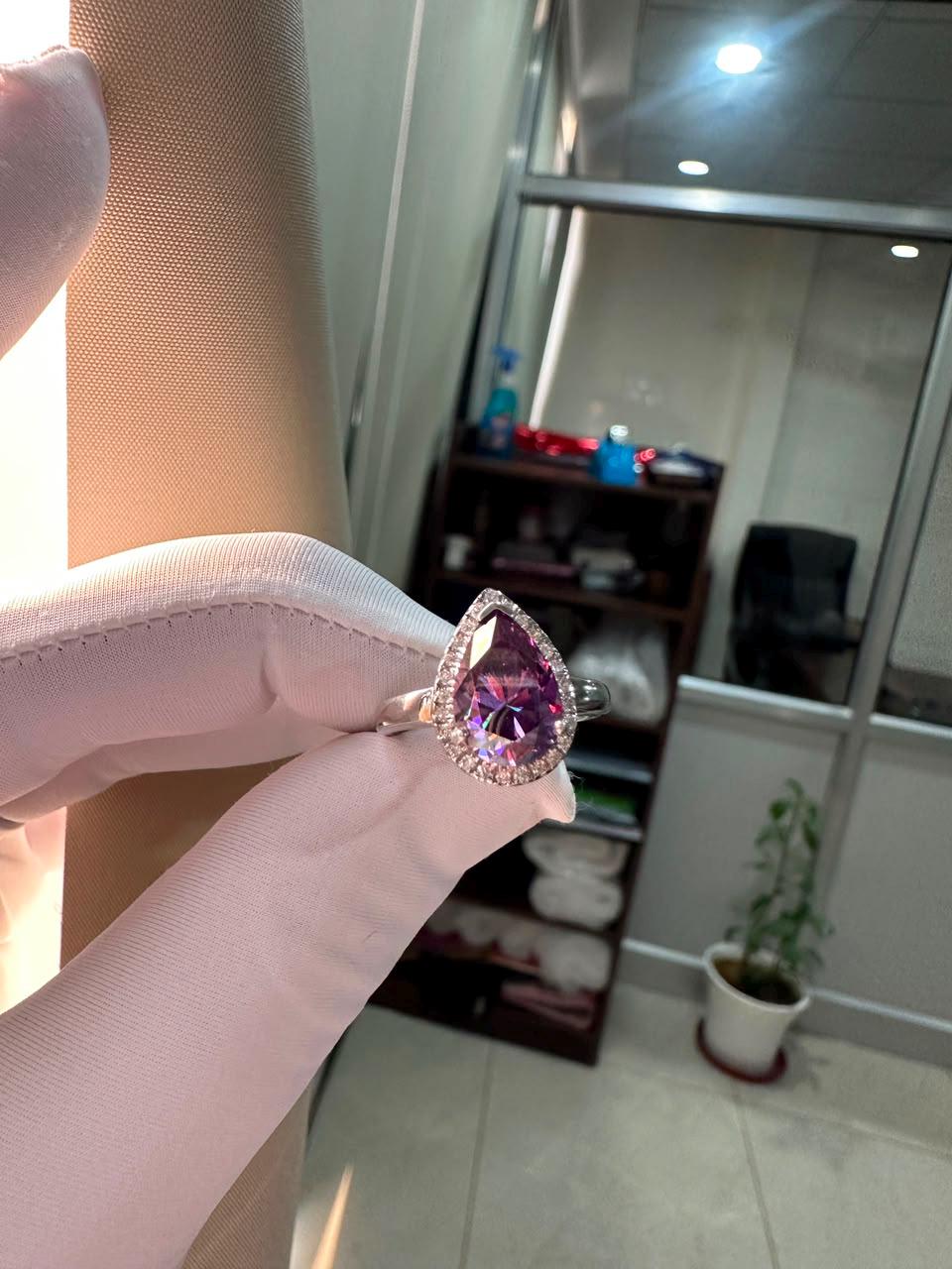 Purple Pear Cut Moissanite Engagement Ring | 14K White Gold Halo Ring | Christmas Gift