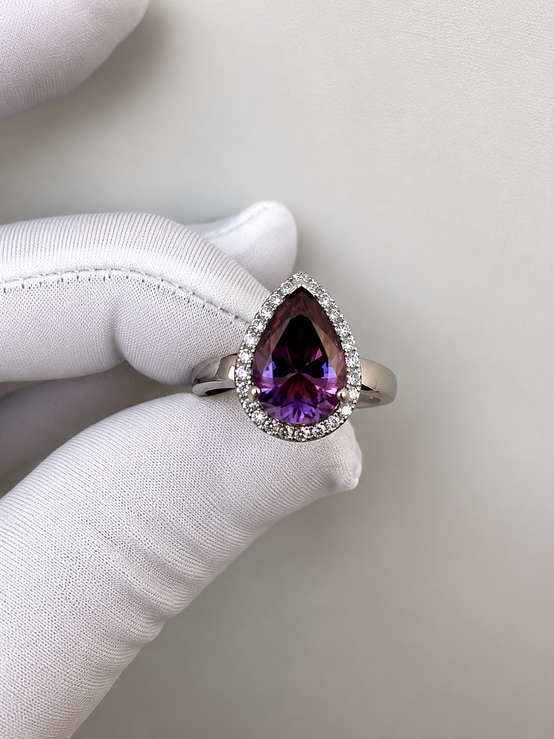 Purple Pear Cut Moissanite Engagement Ring | 14K White Gold Halo Ring | Christmas Gift
