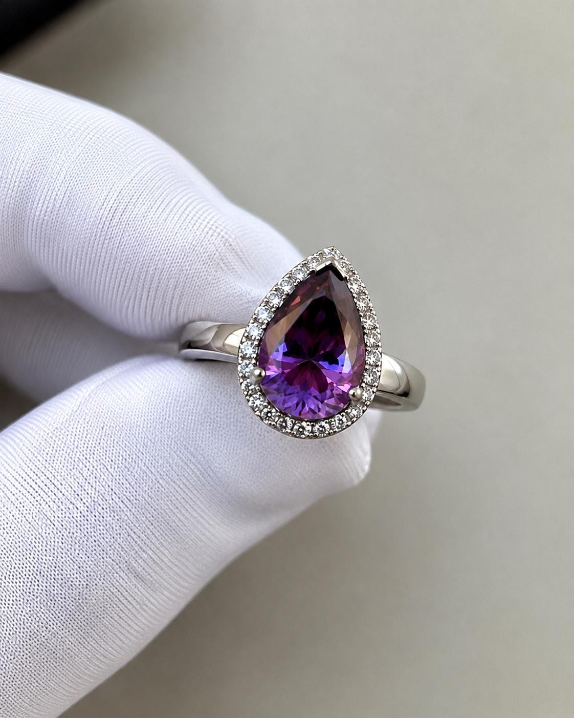 Purple Pear Cut Moissanite Engagement Ring | 14K White Gold Halo Ring | Christmas Gift