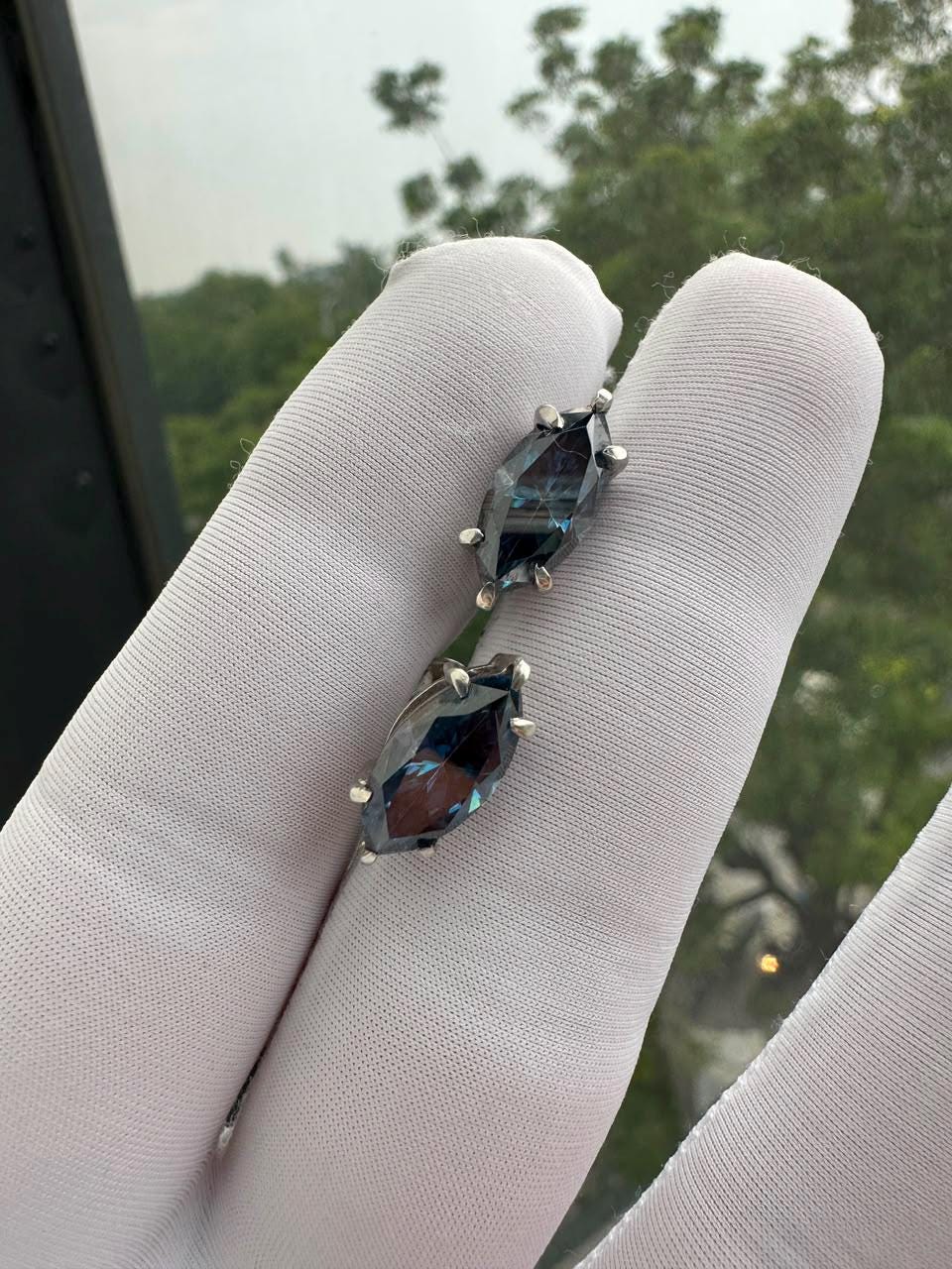 Blue Marquise Moissanite Stud Earrings | 14K White Gold, Statement Jewelry for Gift
