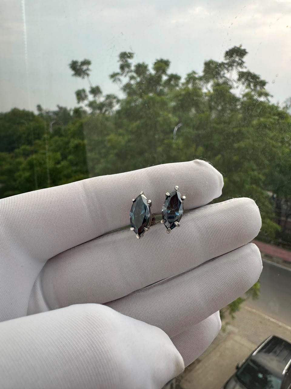 Blue Marquise Moissanite Stud Earrings | 14K White Gold, Statement Jewelry for Gift