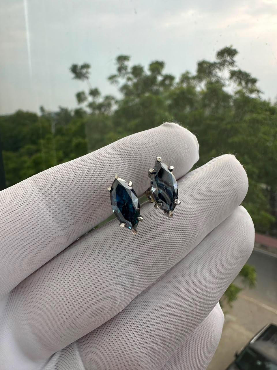 Blue Marquise Moissanite Stud Earrings | 14K White Gold, Statement Jewelry for Gift