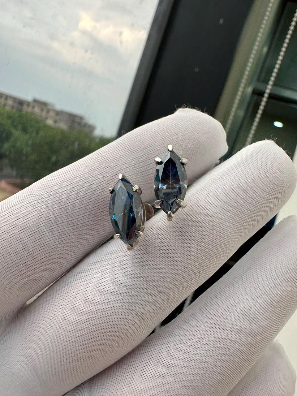 Blue Marquise Moissanite Stud Earrings | 14K White Gold, Statement Jewelry for Gift