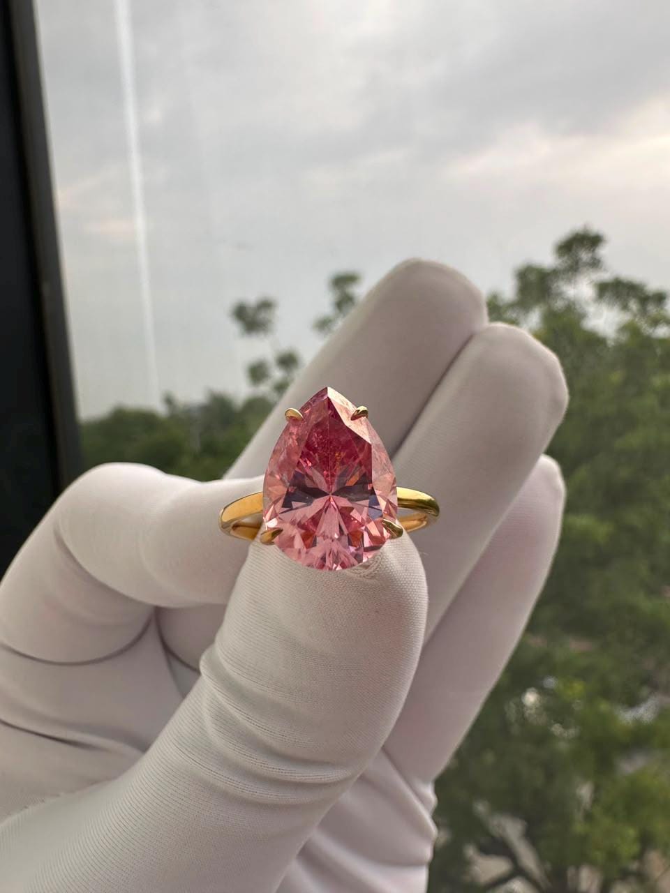 Pink Pear Cut Moissanite Engagement Ring | 14K Yellow Gold Hidden Halo 6 Ct Gemstone