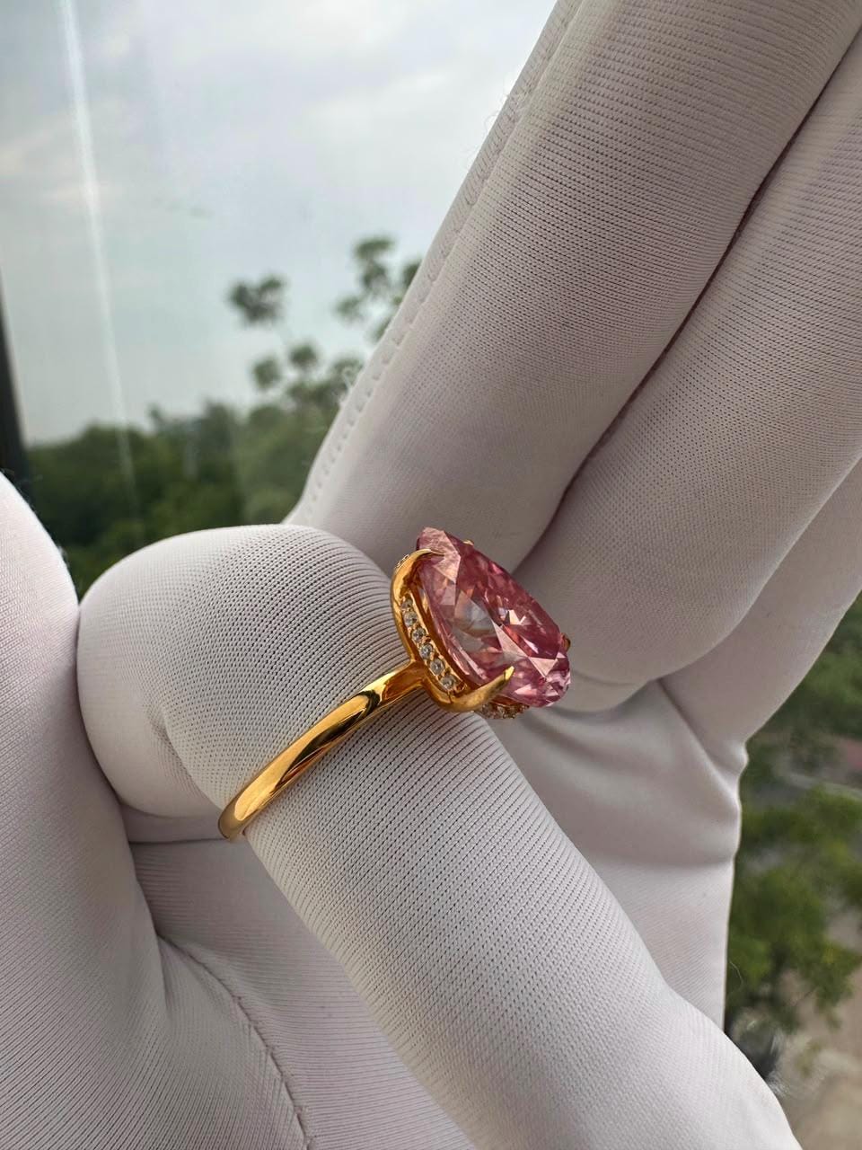 Pink Pear Cut Moissanite Engagement Ring | 14K Yellow Gold Hidden Halo 6 Ct Gemstone