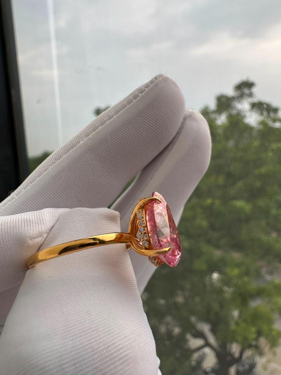Pink Pear Cut Moissanite Engagement Ring | 14K Yellow Gold Hidden Halo 6 Ct Gemstone