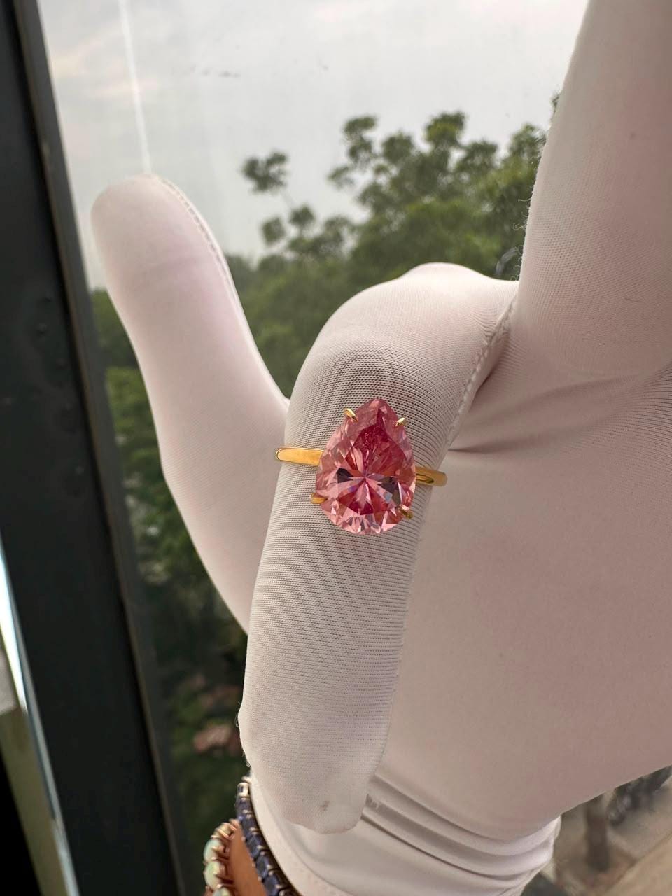 Pink Pear Cut Moissanite Engagement Ring | 14K Yellow Gold Hidden Halo 6 Ct Gemstone