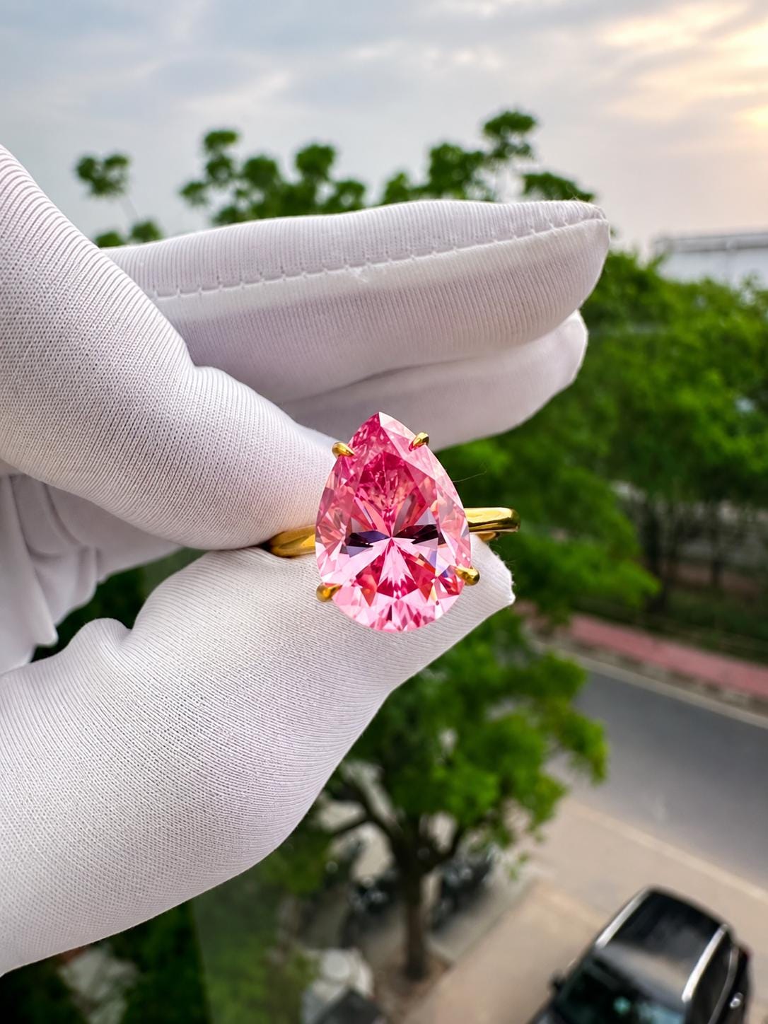 Pink Pear Cut Moissanite Engagement Ring | 14K Yellow Gold Hidden Halo 6 Ct Gemstone