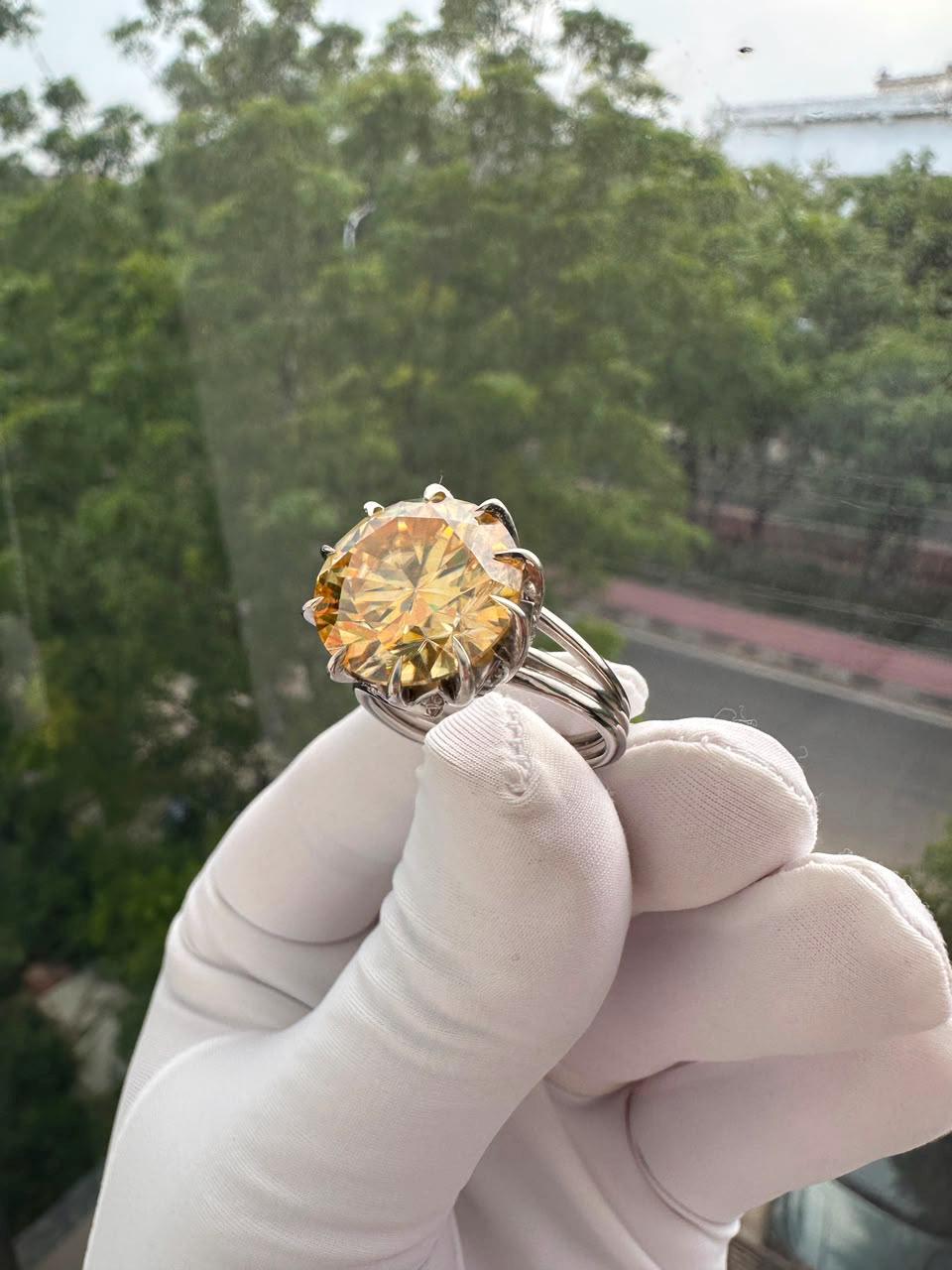11 Ct Yellow Moissanite Engagement Ring | 14K White Gold, Nail Prong Setting