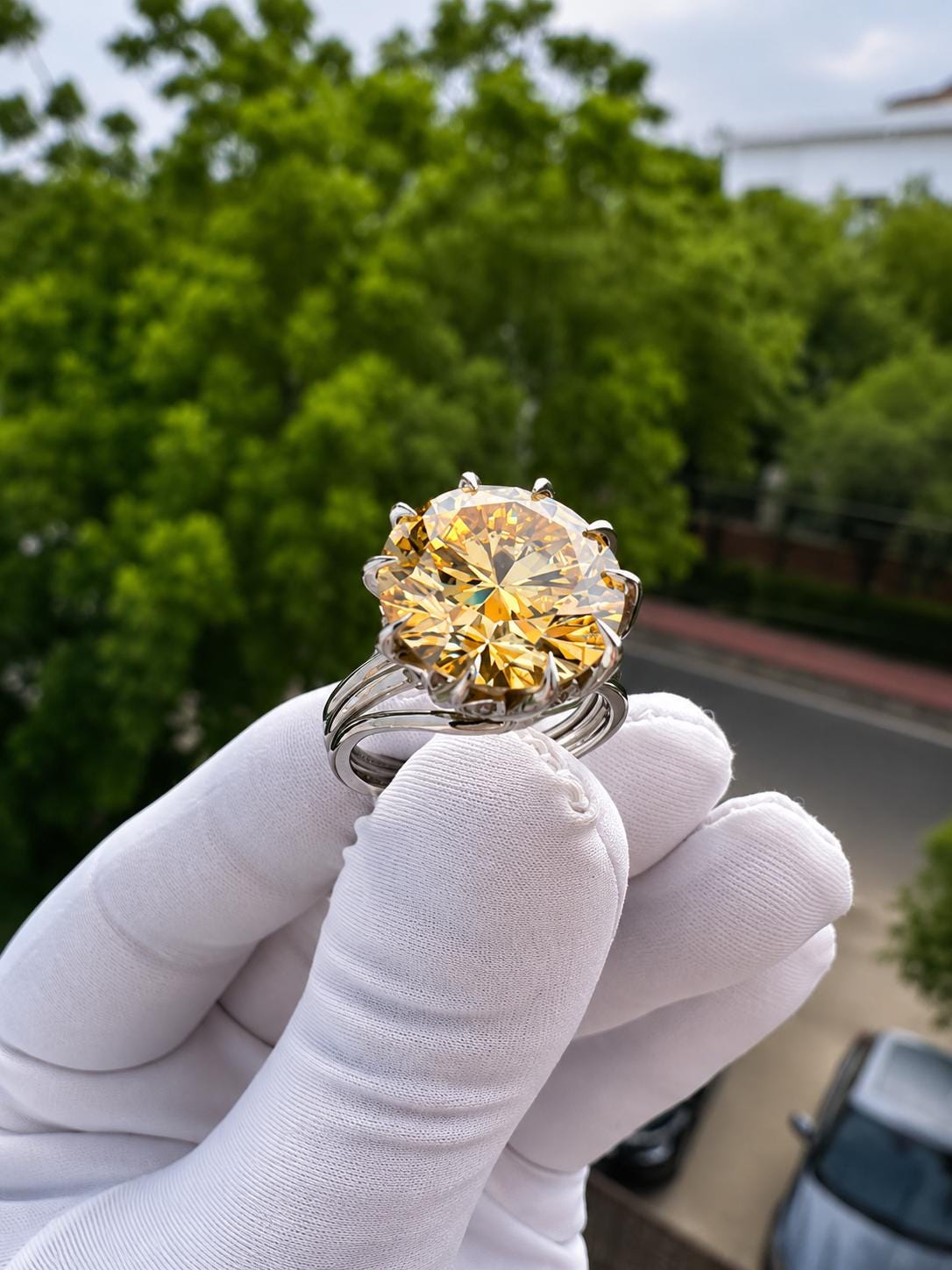 11 Ct Yellow Moissanite Engagement Ring | 14K White Gold, Nail Prong Setting