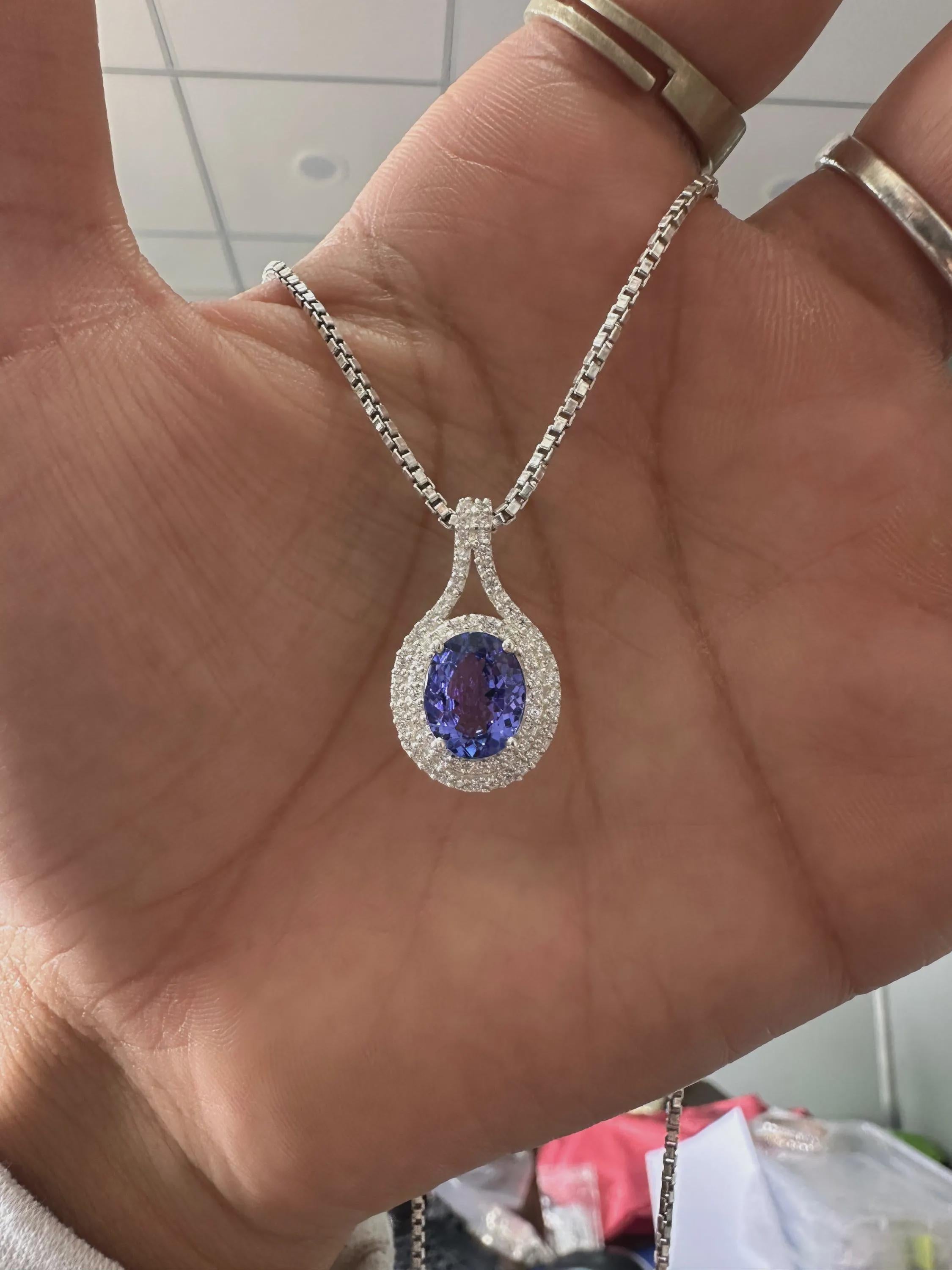 Rare Blue Tanzanite Diamond Halo Pendant Necklace | 14k White Gold, 3 CT Oval Tanzanite