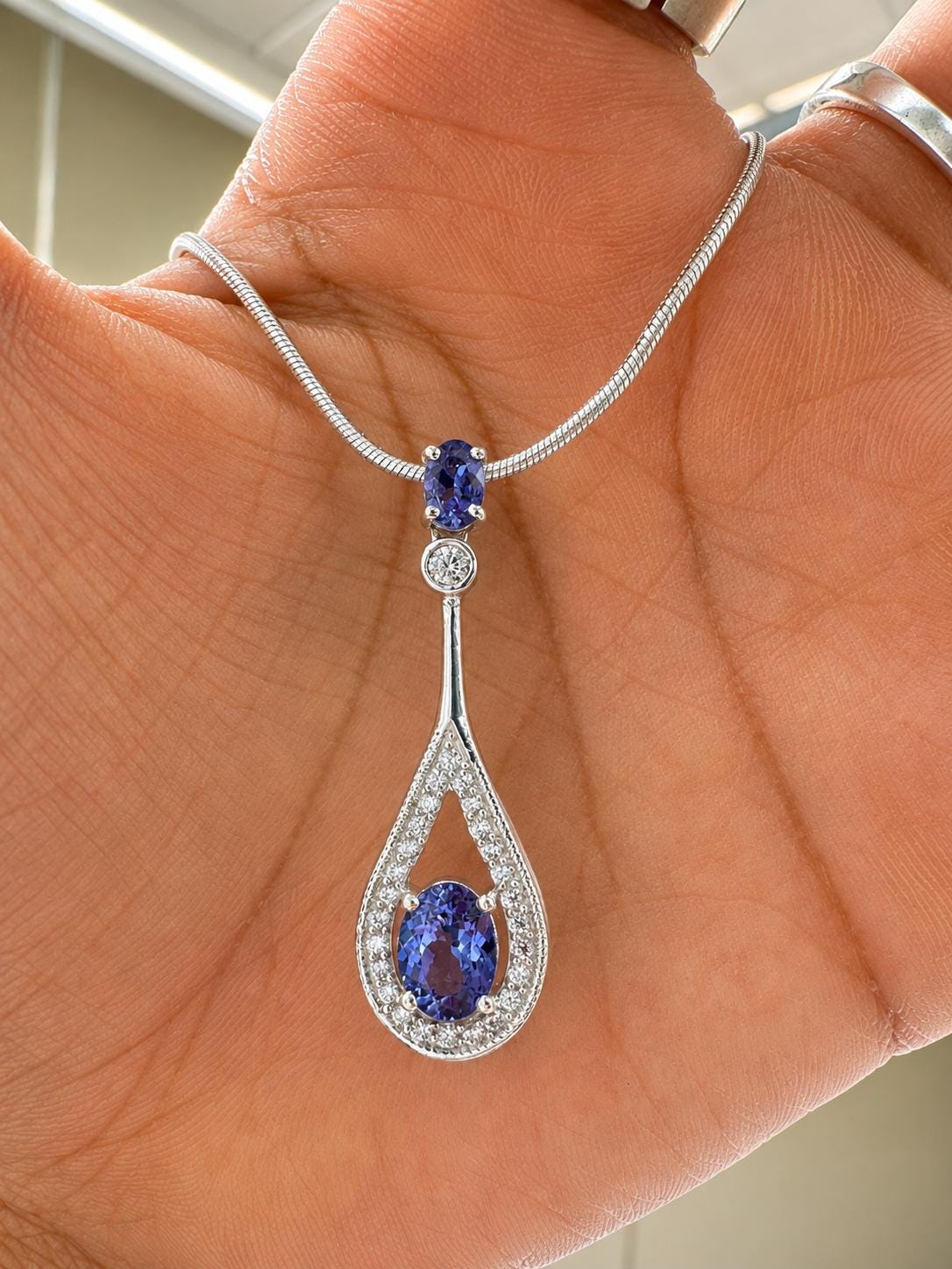 Unique Tanzanite Drop Pendant Necklace | 14k White Gold | Christmas Gift for her