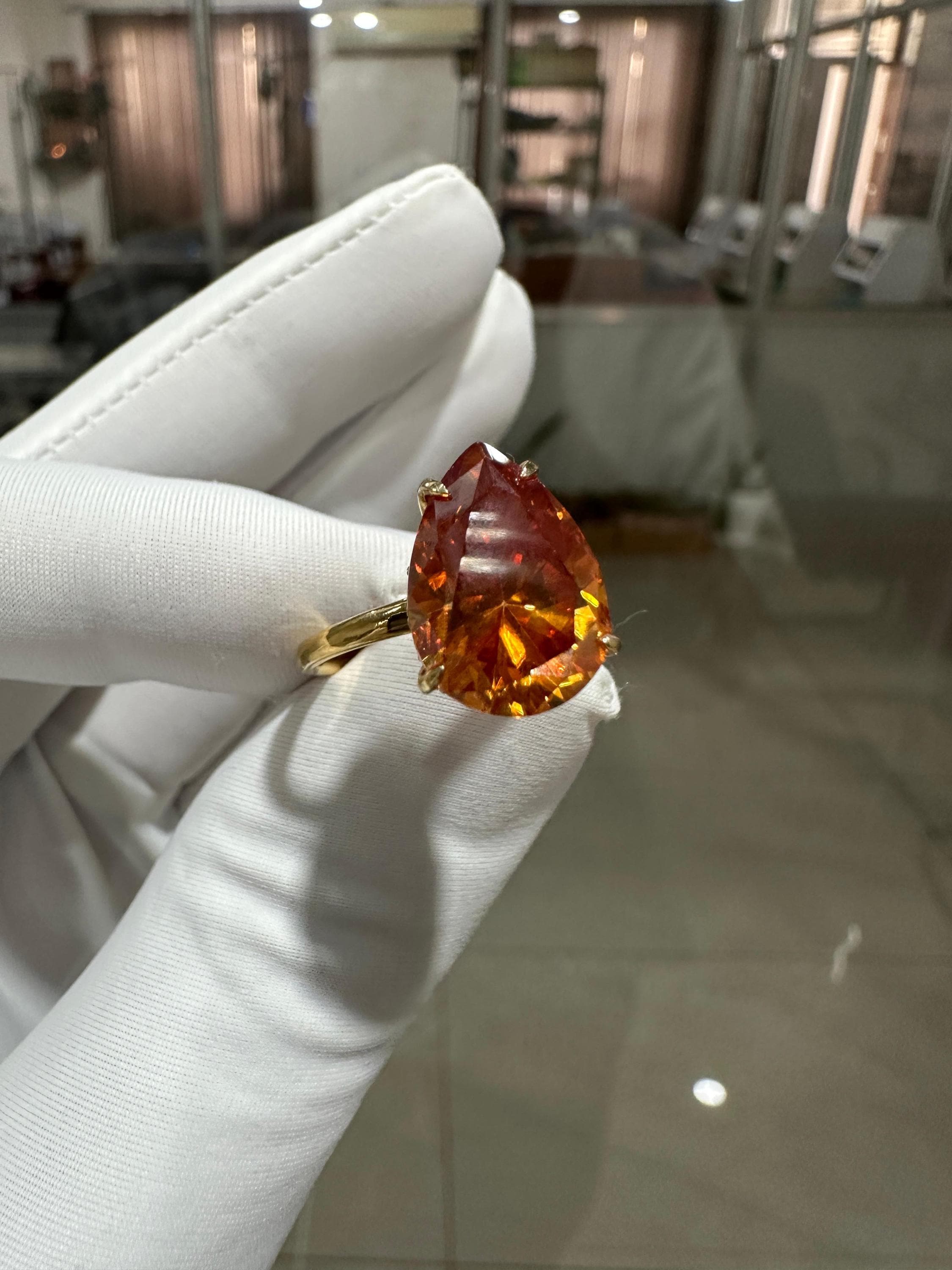 Ceylon Orange Pear Cut Moissanite Ring | 6 Ct Orange Gemstone Ring | 14K Yellow Gold Hidden Halo Ring | Unique Bridal Promise Ring