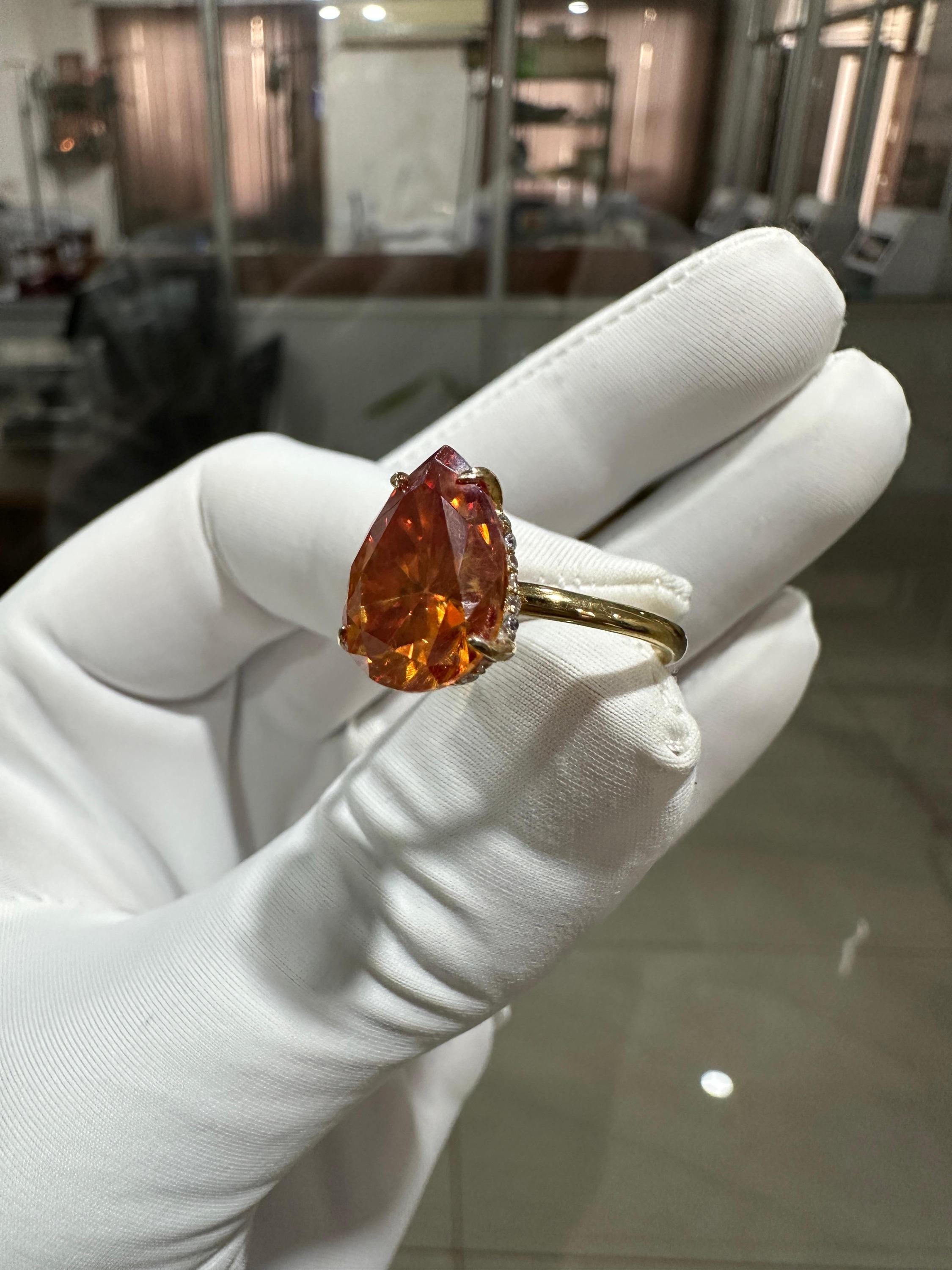 Ceylon Orange Pear Cut Moissanite Ring | 6 Ct Orange Gemstone Ring | 14K Yellow Gold Hidden Halo Ring | Unique Bridal Promise Ring