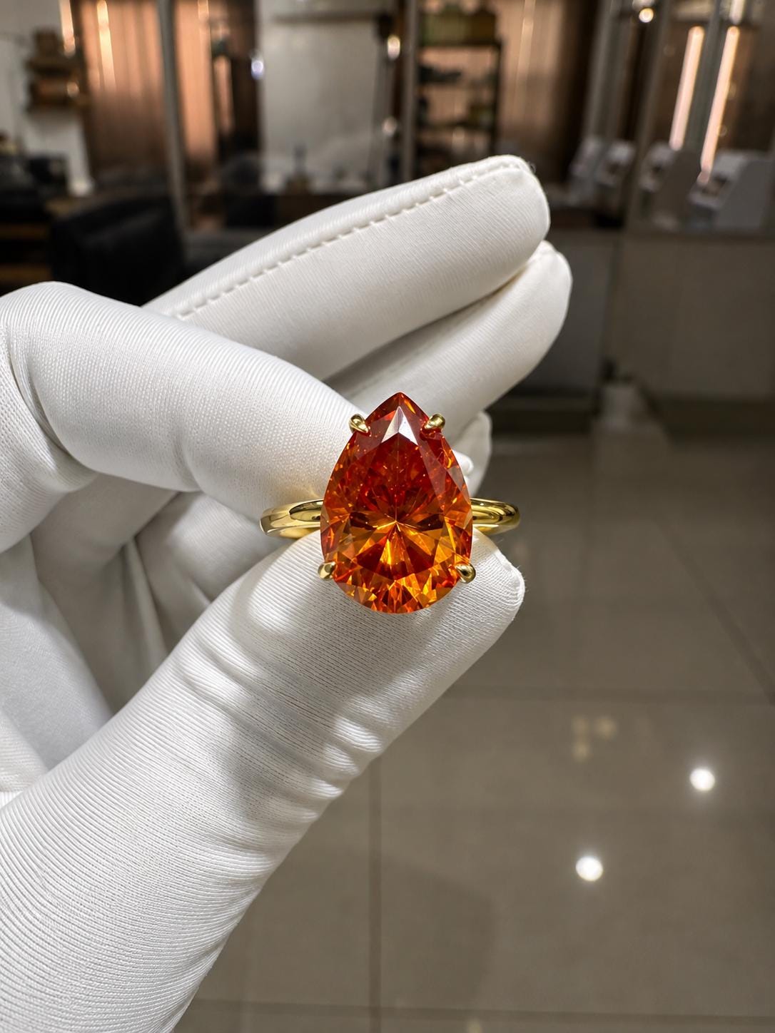 Ceylon Orange Pear Cut Moissanite Ring | 6 Ct Orange Gemstone Ring | 14K Yellow Gold Hidden Halo Ring | Unique Bridal Promise Ring