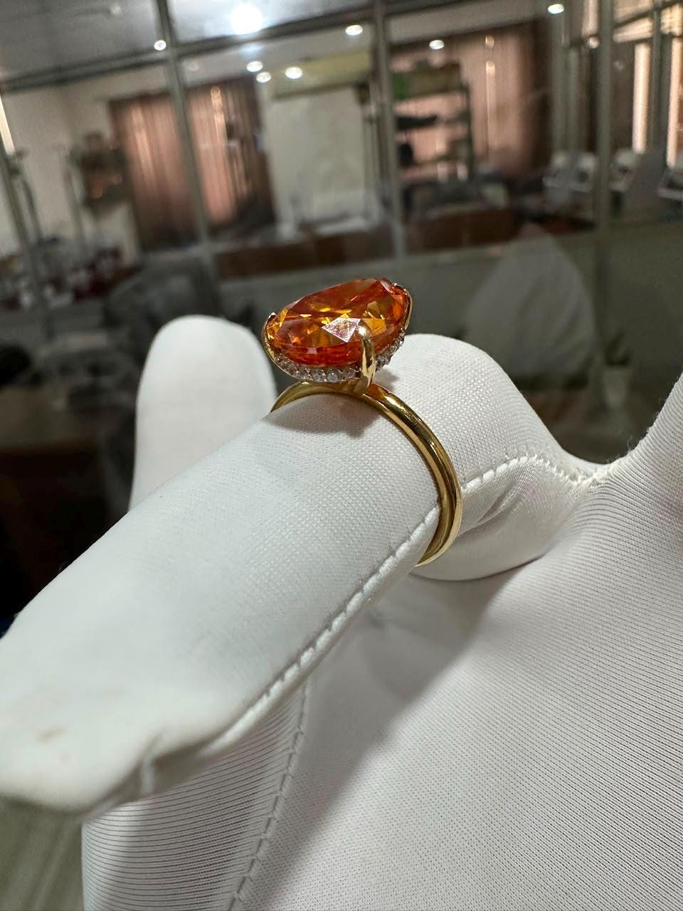 Ceylon Orange Pear Cut Moissanite Ring | 6 Ct Orange Gemstone Ring | 14K Yellow Gold Hidden Halo Ring | Unique Bridal Promise Ring