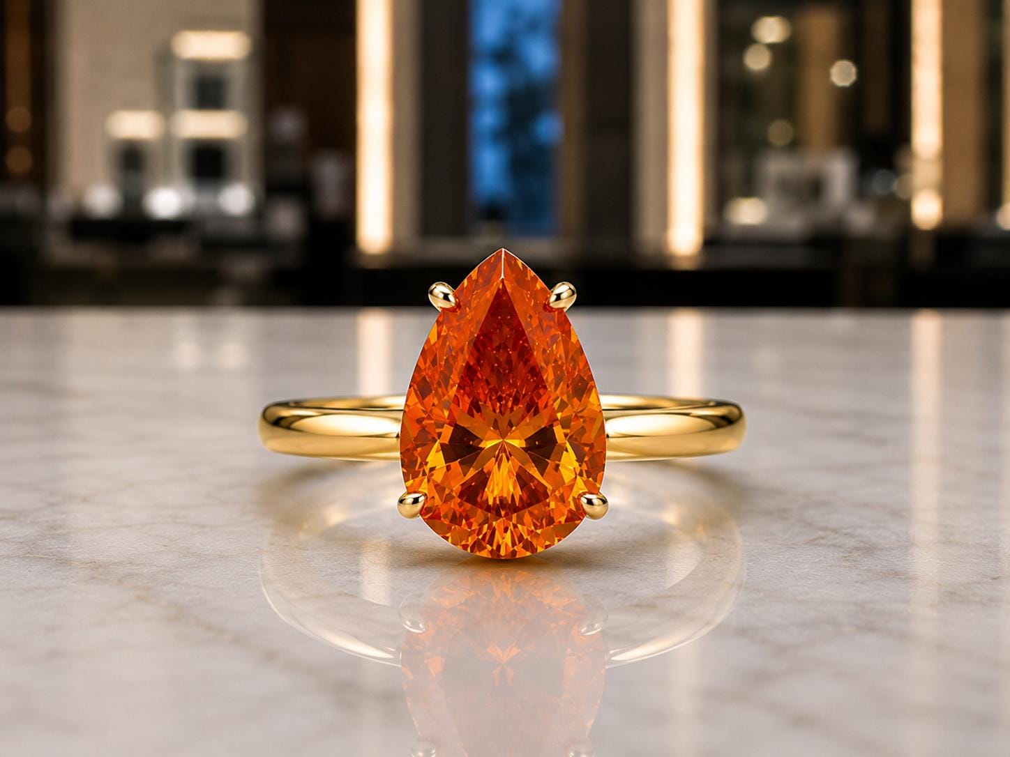Ceylon Orange Pear Cut Moissanite Ring | 6 Ct Orange Gemstone Ring | 14K Yellow Gold Hidden Halo Ring | Unique Bridal Promise Ring
