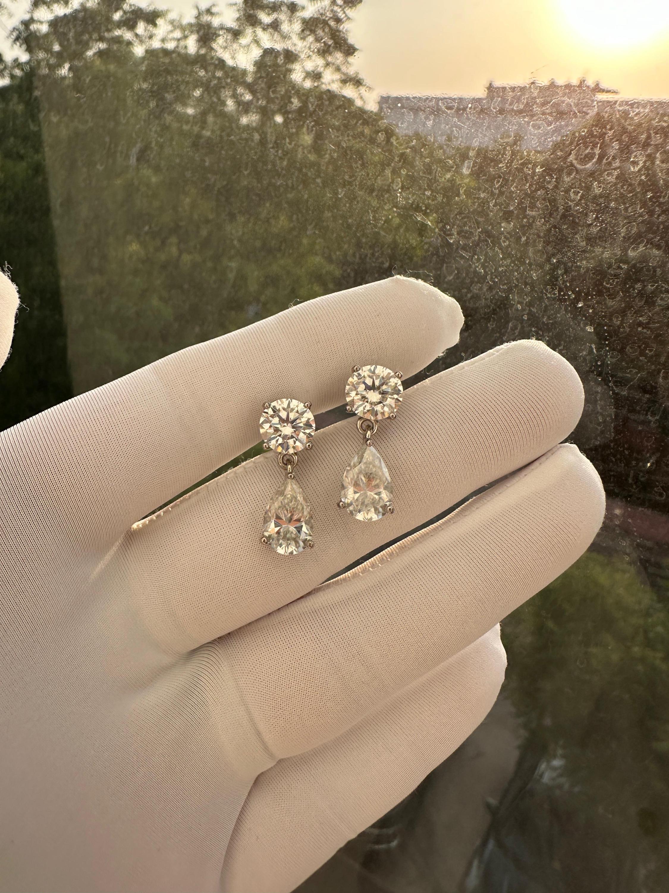 Pear & Round Moissanite Drop Earrings | 14K White Gold Stud Earrings | Christmas Gift for Her