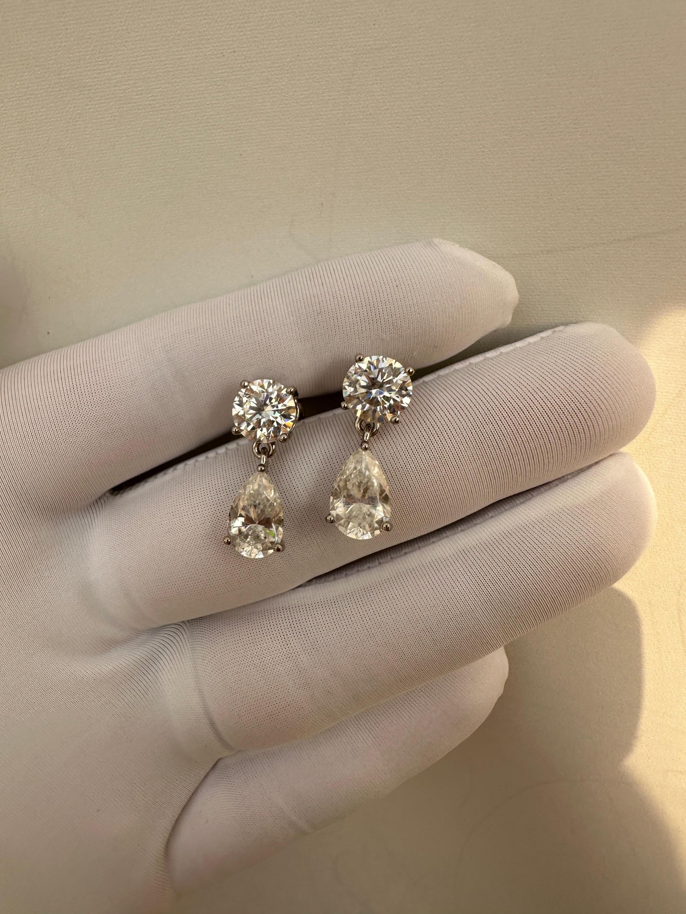 Pear & Round Moissanite Drop Earrings | 14K White Gold Stud Earrings | Christmas Gift for Her