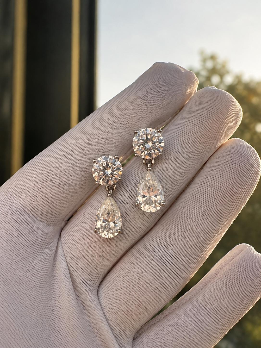 Pear & Round Moissanite Drop Earrings | 14K White Gold Stud Earrings | Christmas Gift for Her