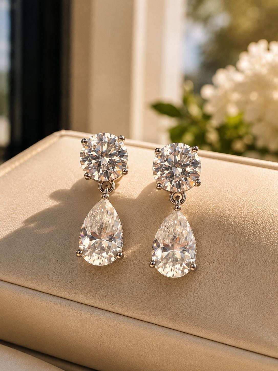 Pear & Round Moissanite Drop Earrings | 14K White Gold Stud Earrings | Christmas Gift for Her