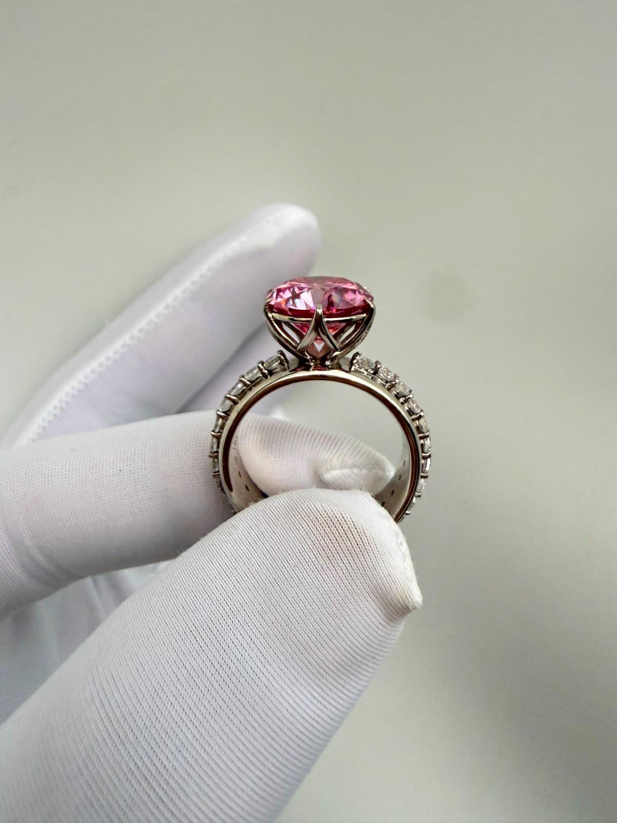 Pink Lotus Crown Engagement Ring | 5 CT Moissanite, 14K White Gold, Chunky Statement Band