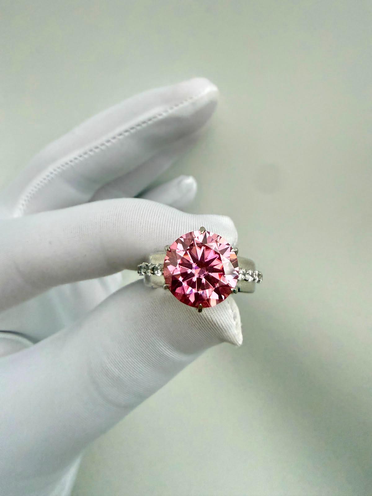 Pink Lotus Crown Engagement Ring | 5 CT Moissanite, 14K White Gold, Chunky Statement Band