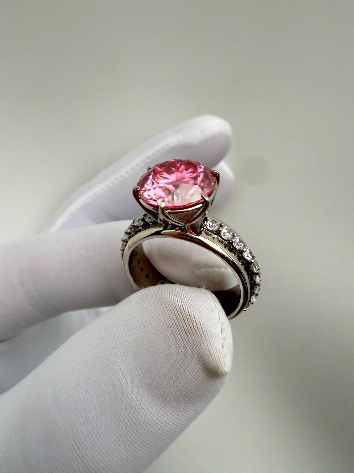 Pink Lotus Crown Engagement Ring | 5 CT Moissanite, 14K White Gold, Chunky Statement Band