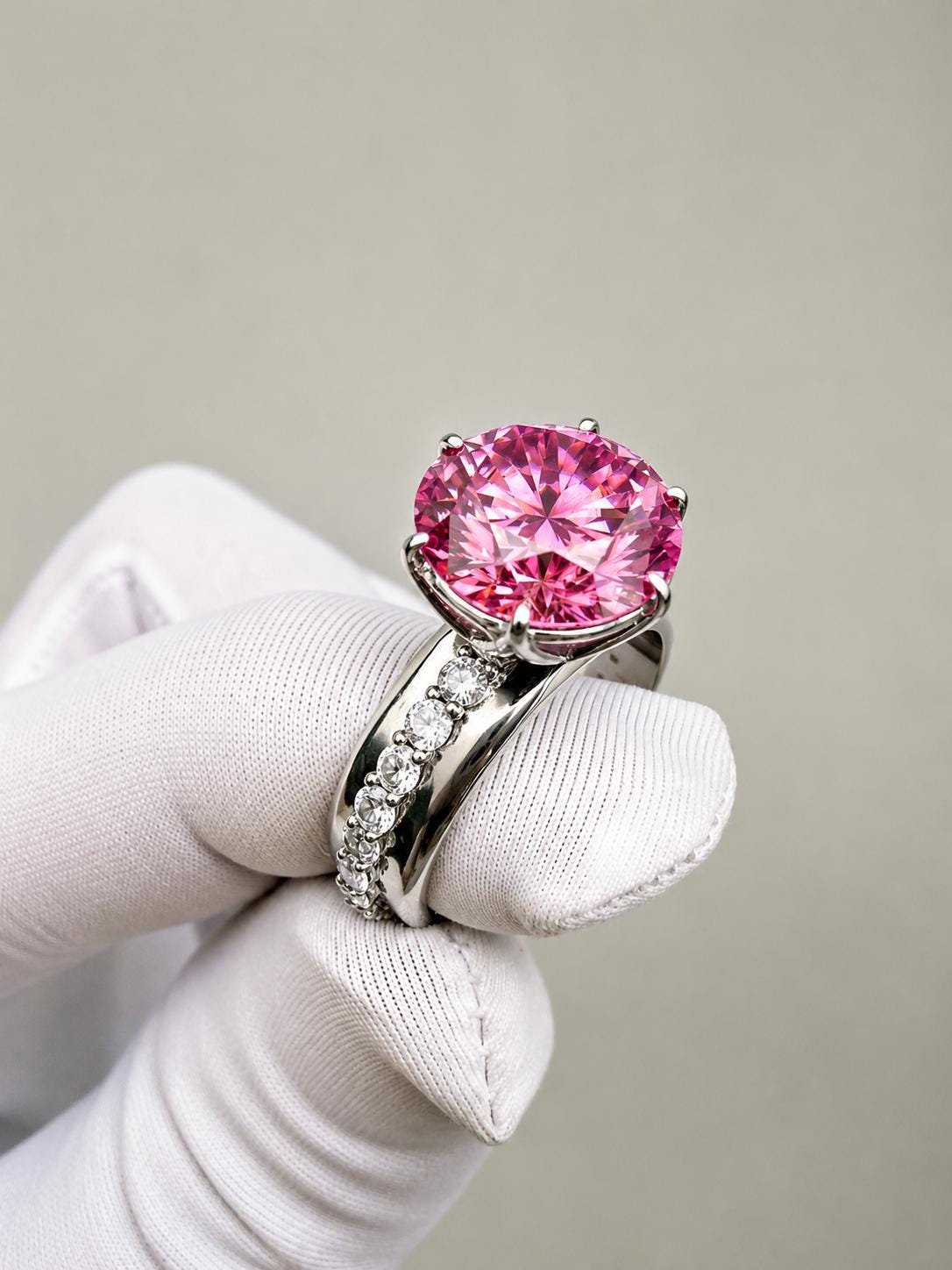 Pink Lotus Crown Engagement Ring | 5 CT Moissanite, 14K White Gold, Chunky Statement Band