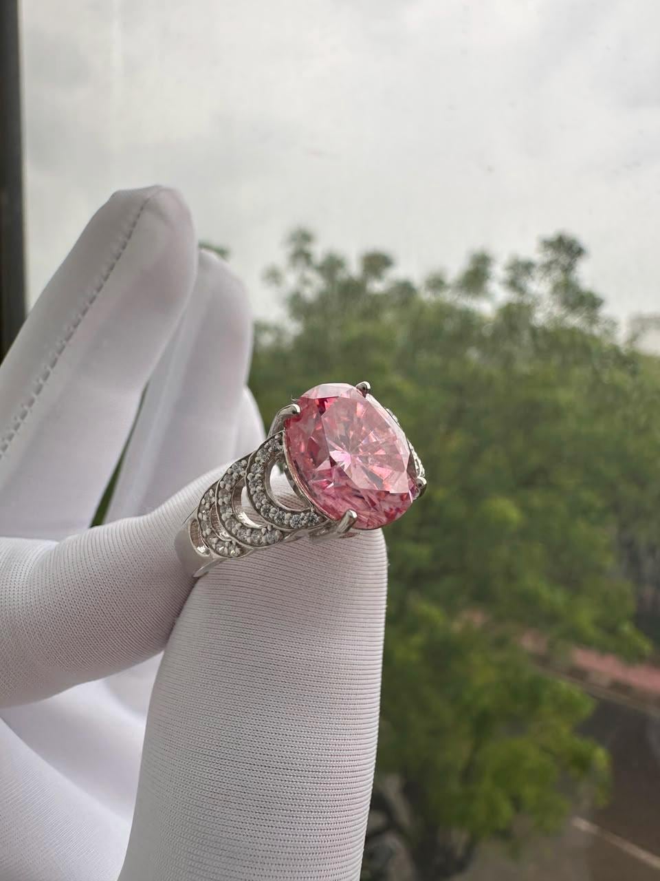 Oval Pink Moissanite Engagement Ring | 6 CT 14K White Gold Bridge Setting