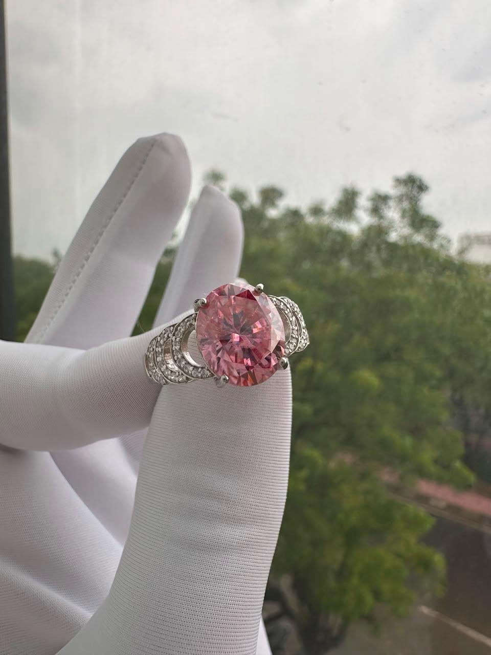 Oval Pink Moissanite Engagement Ring | 6 CT 14K White Gold Bridge Setting