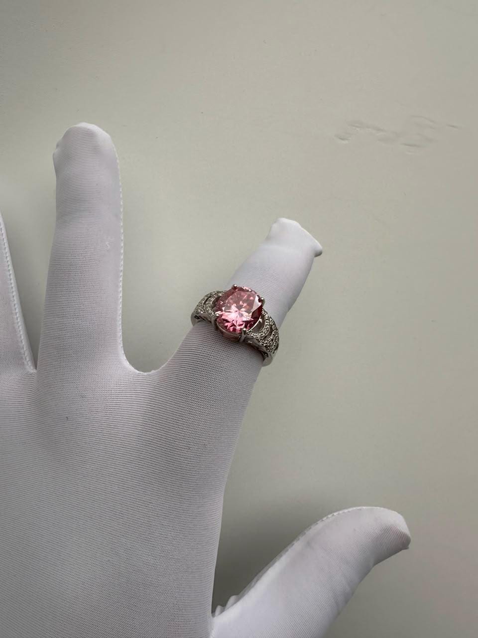 Oval Pink Moissanite Engagement Ring | 6 CT 14K White Gold Bridge Setting