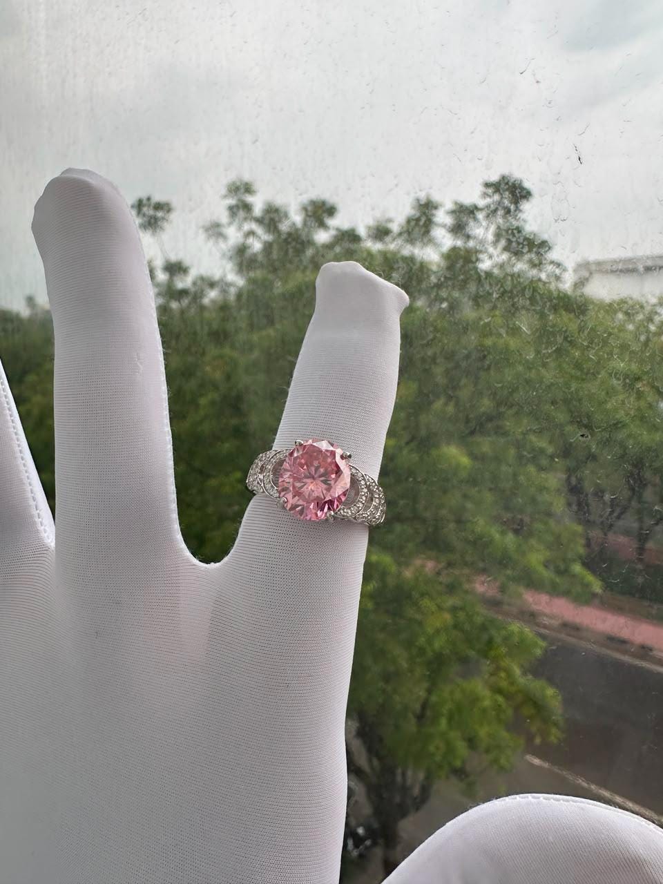 Oval Pink Moissanite Engagement Ring | 6 CT 14K White Gold Bridge Setting