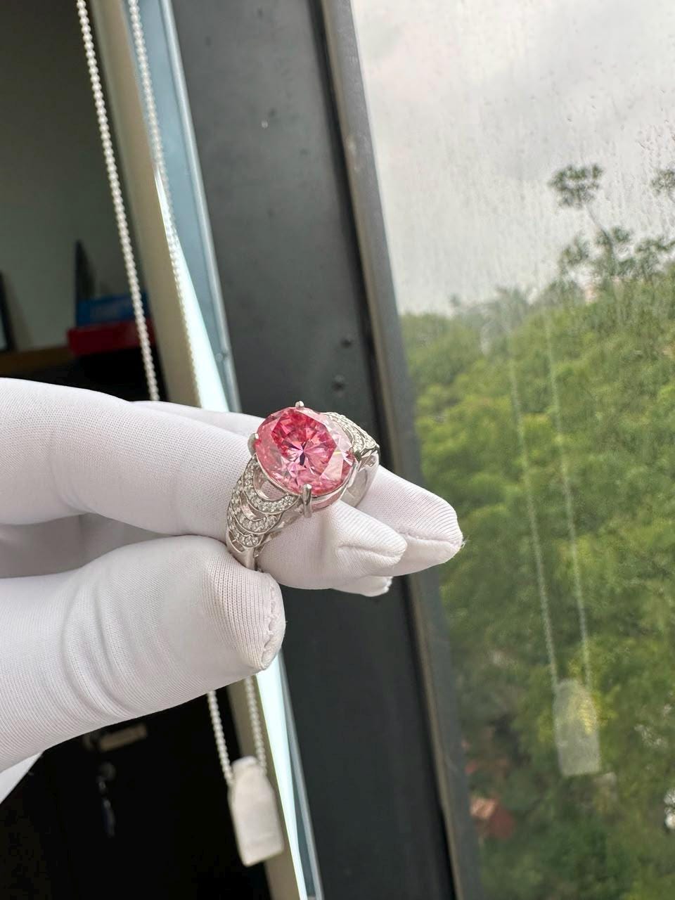 Oval Pink Moissanite Engagement Ring | 6 CT 14K White Gold Bridge Setting