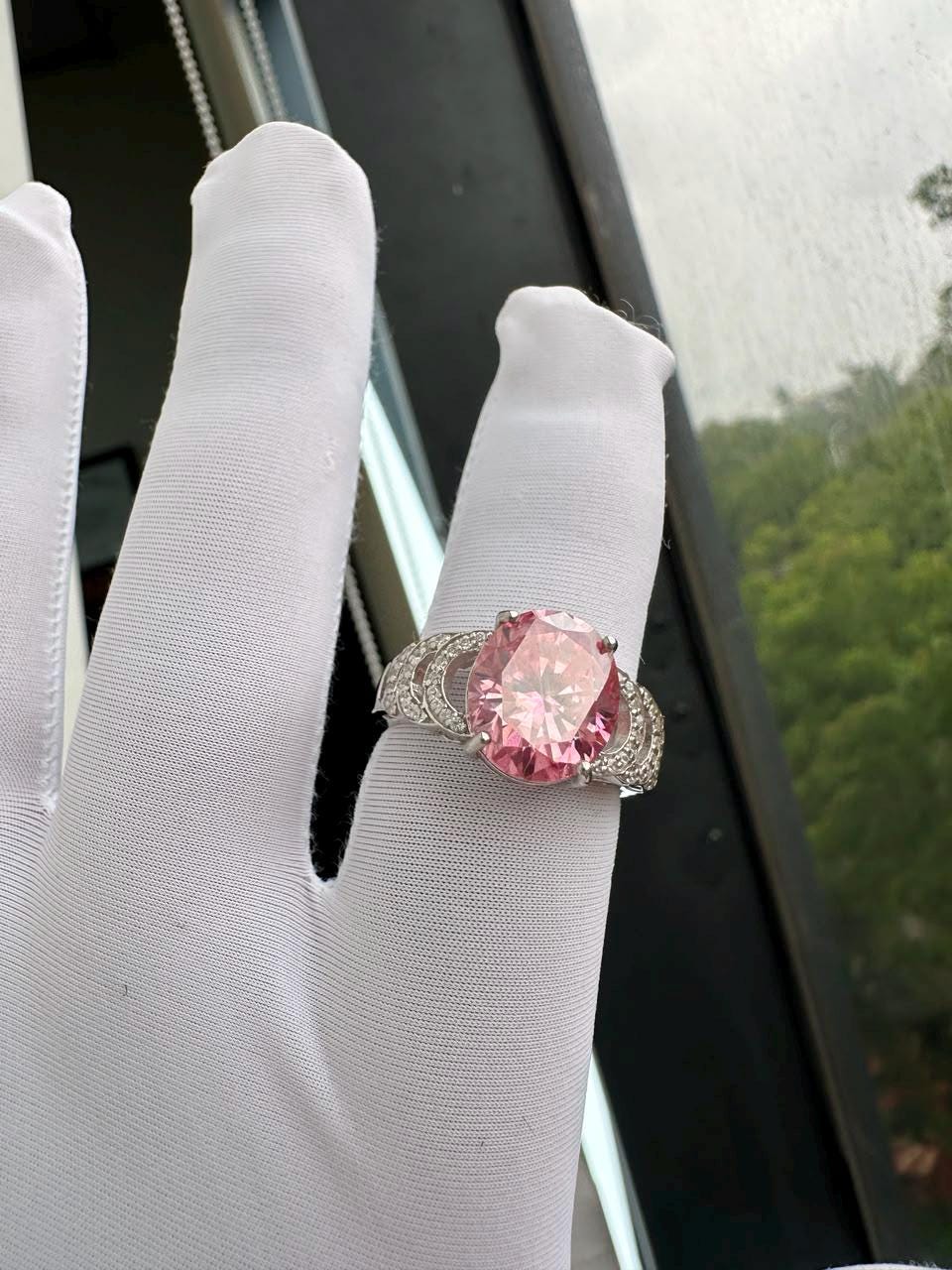 Oval Pink Moissanite Engagement Ring | 6 CT 14K White Gold Bridge Setting