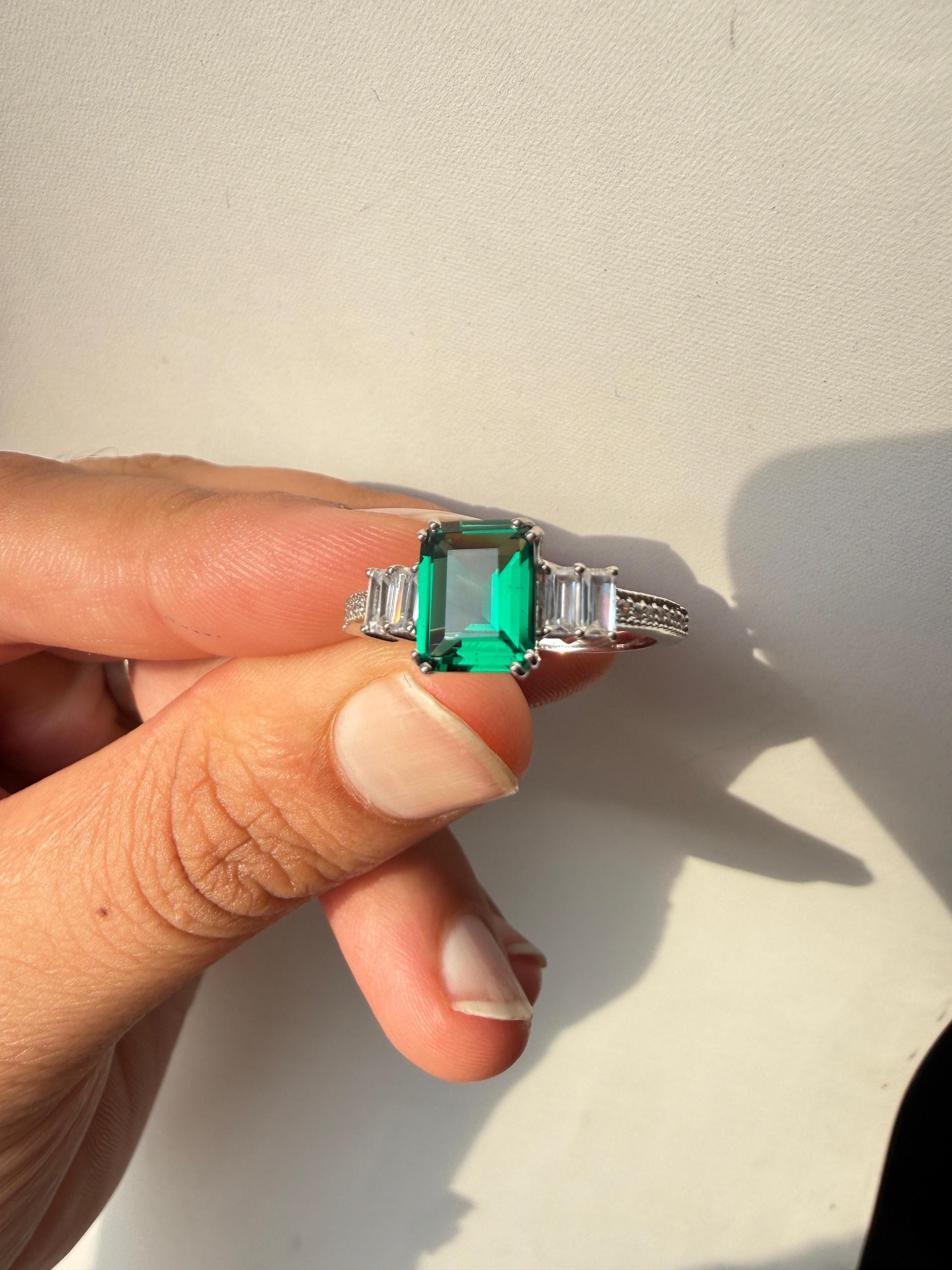 3 CT Emerald Engagement Ring | 14K White Gold Unique Statement Ring, Christmas Gift