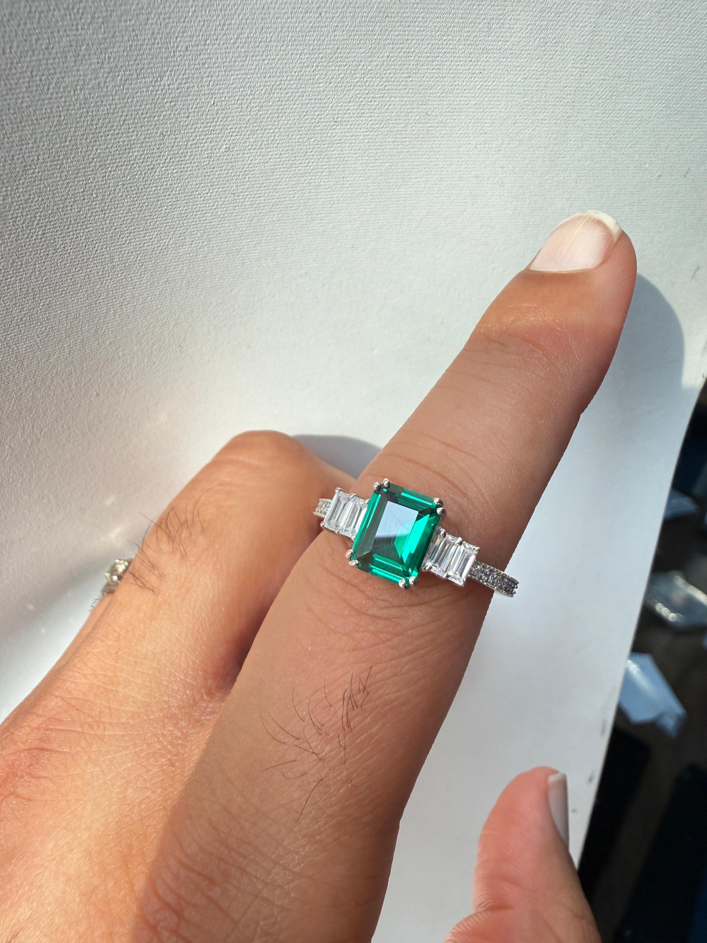 3 CT Emerald Engagement Ring | 14K White Gold Unique Statement Ring, Christmas Gift